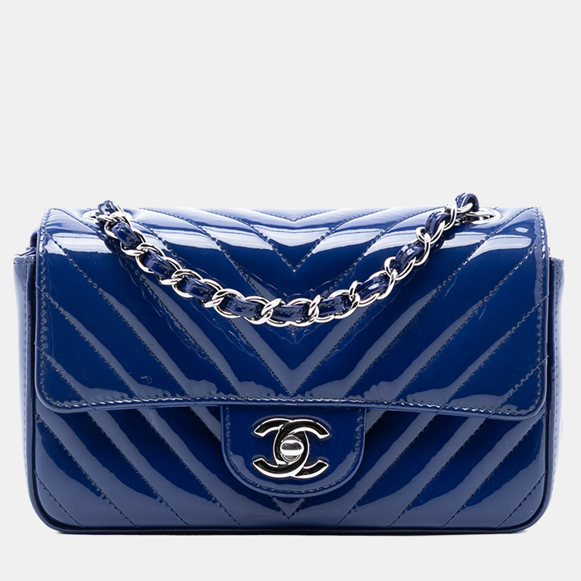 

Chanel Blue Mini Rectangular Classic Chevron Patent Single Flap