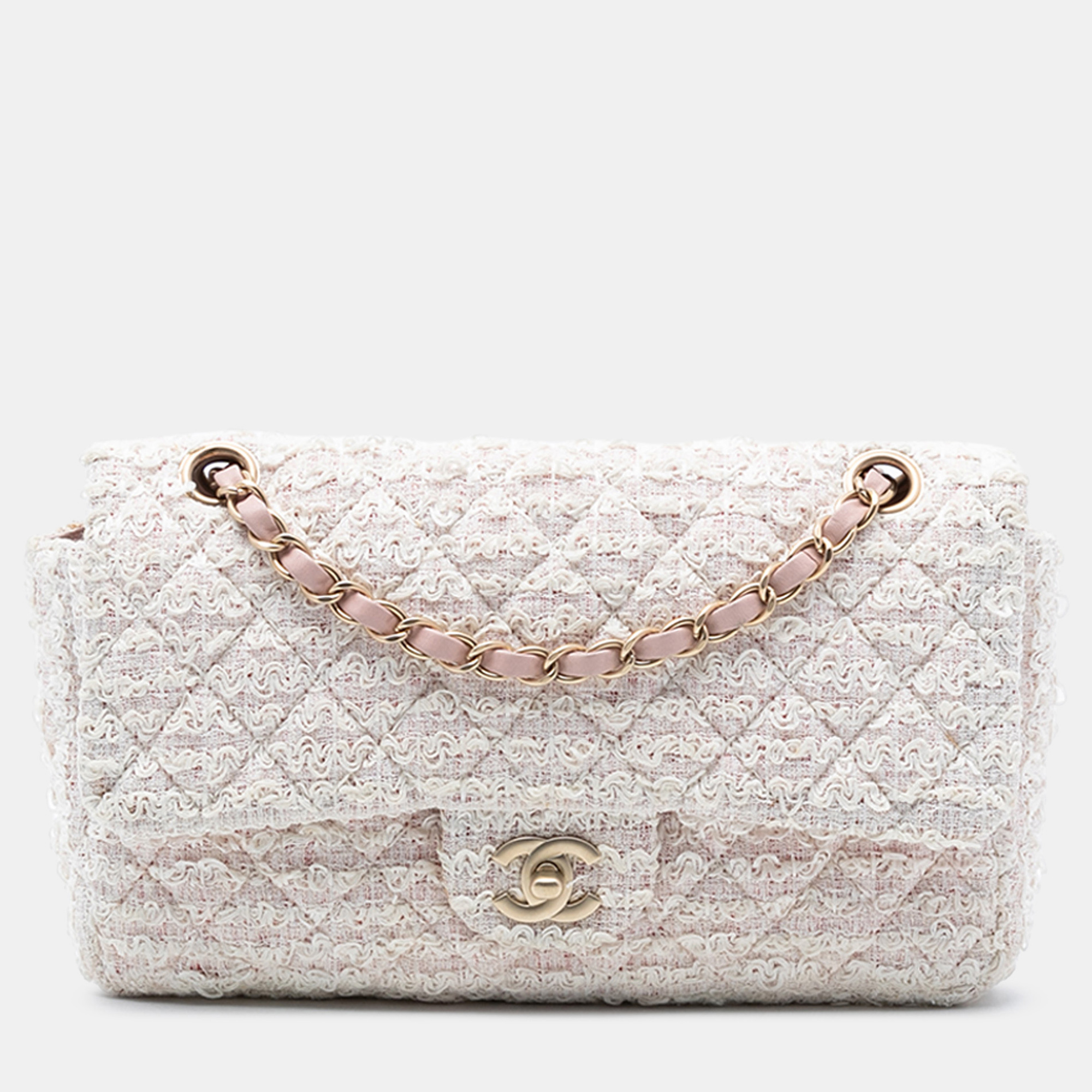 

Chanel Pink, White Medium Classic Tweed Single Flap