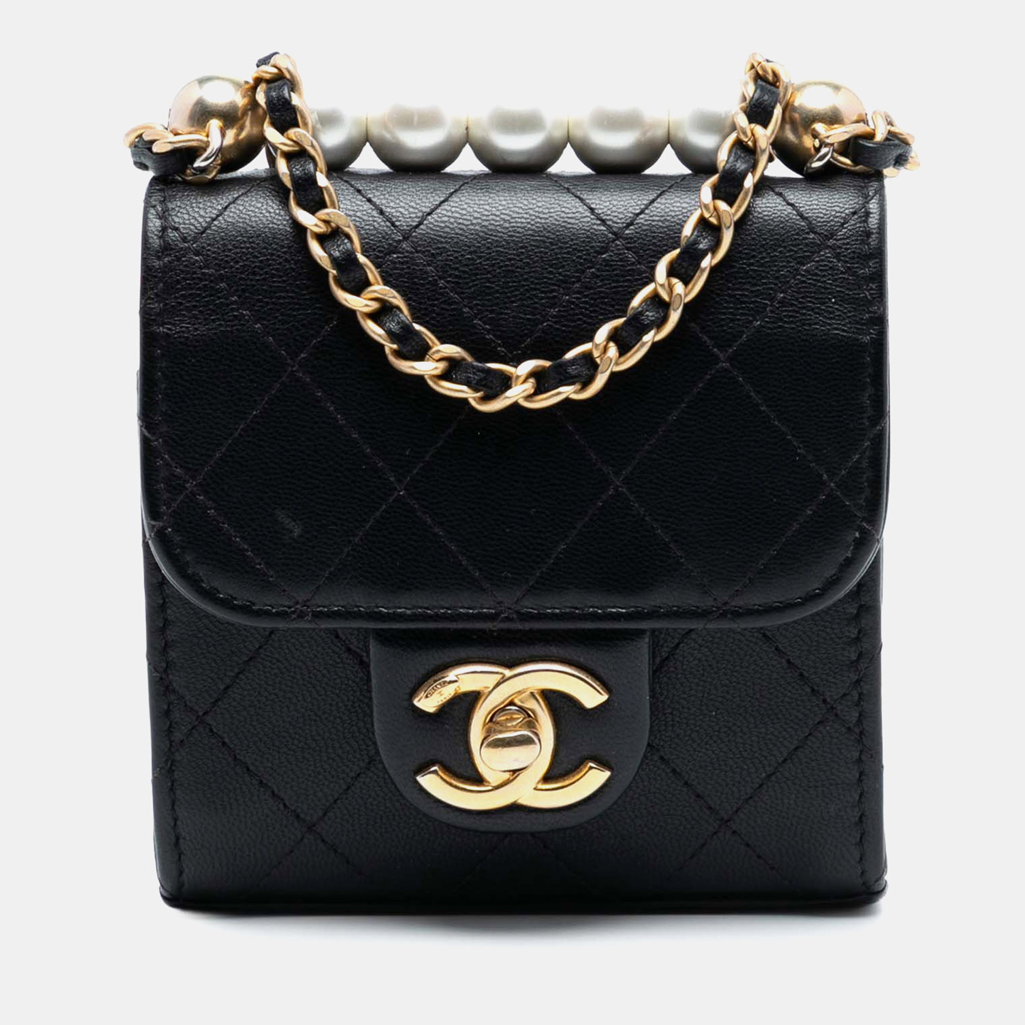 

Chanel Black Mini Goatskin Chic Pearls Clutch On Chain