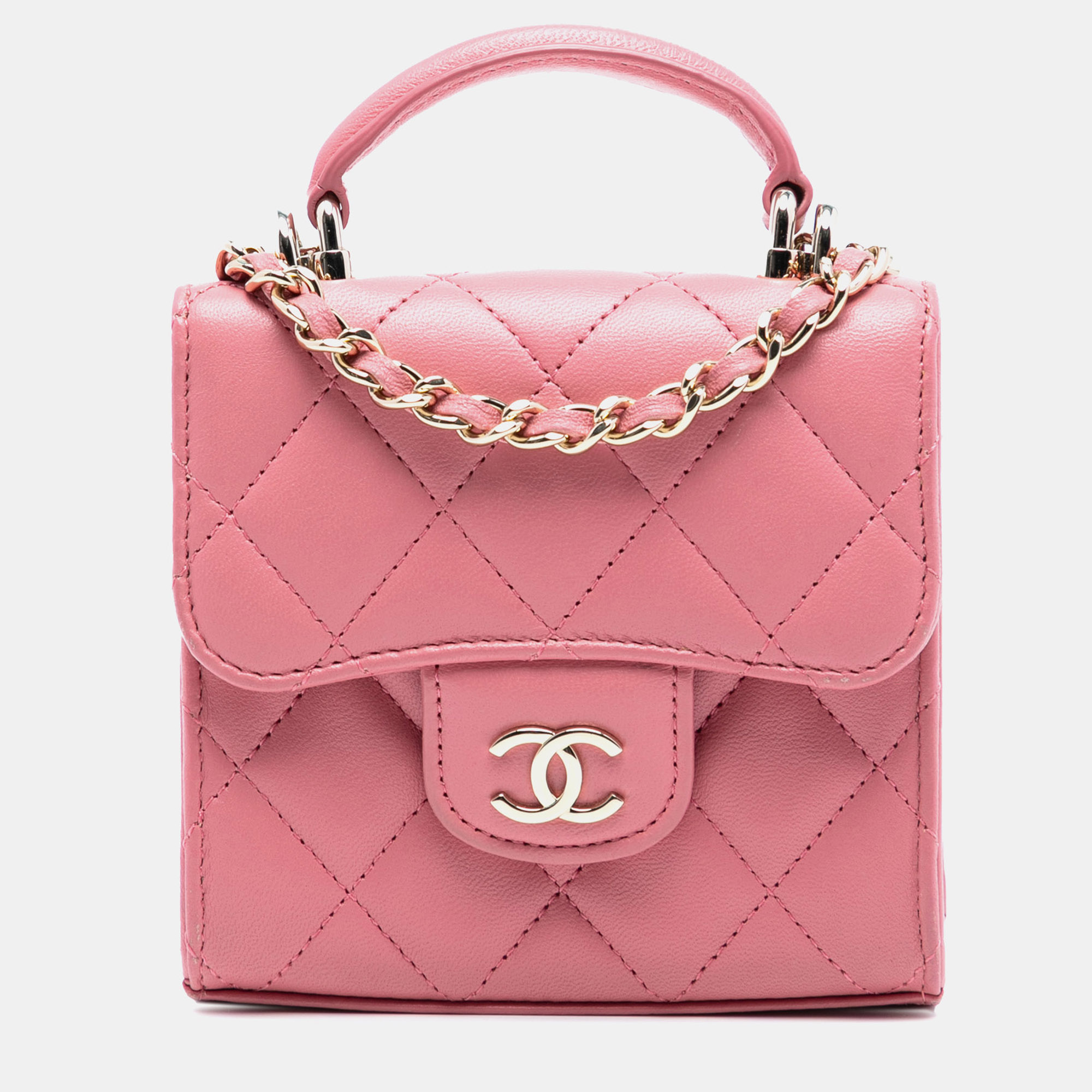 

Chanel Pink CC Lambskin Top Handle Flap Coin Purse with Chain