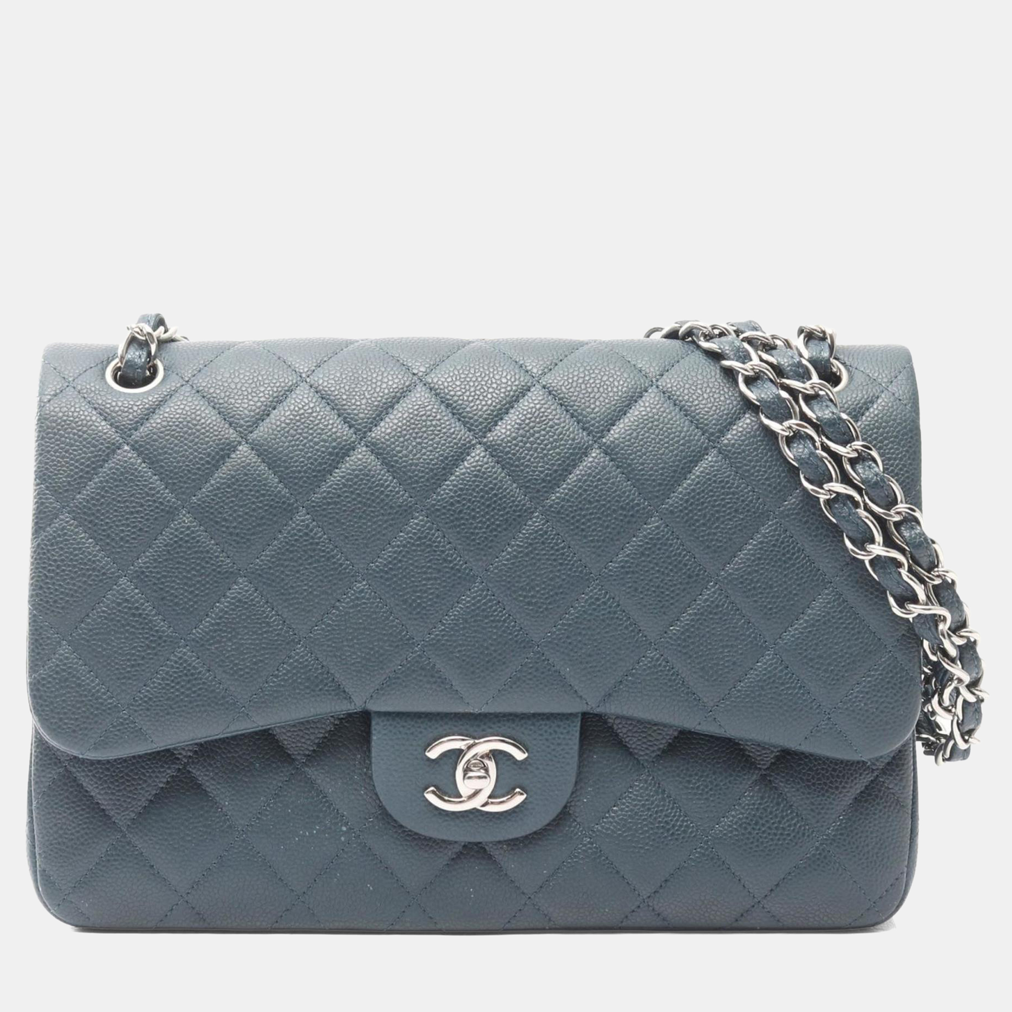 

Chanel Deca Matelasse 30 Classic Large Double-Flap Shoulder Bag In Calfskin Leather Blue