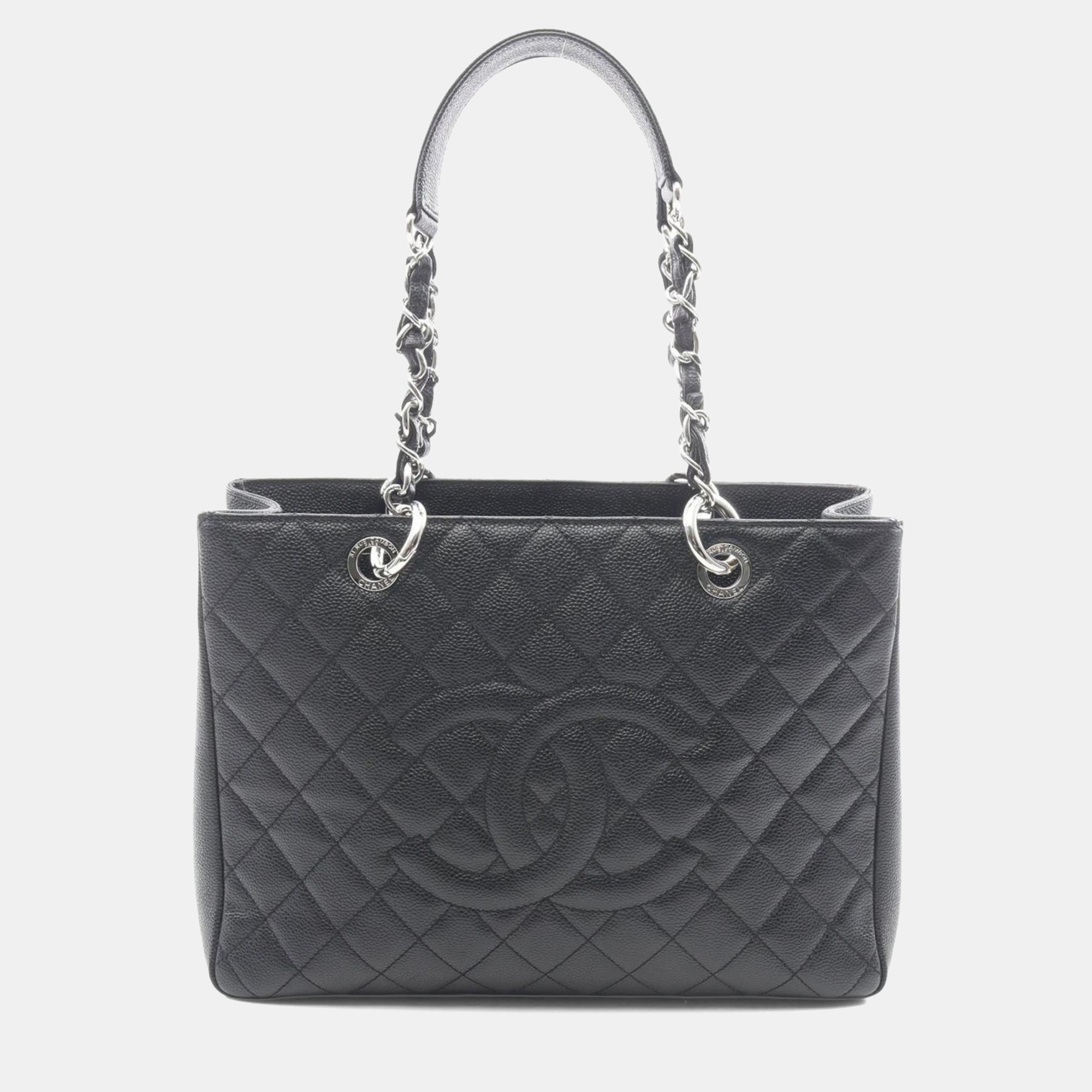

Chanel Matelasse Grand Shopping Gst Tote Bag In Grained Calfskin Leather Black