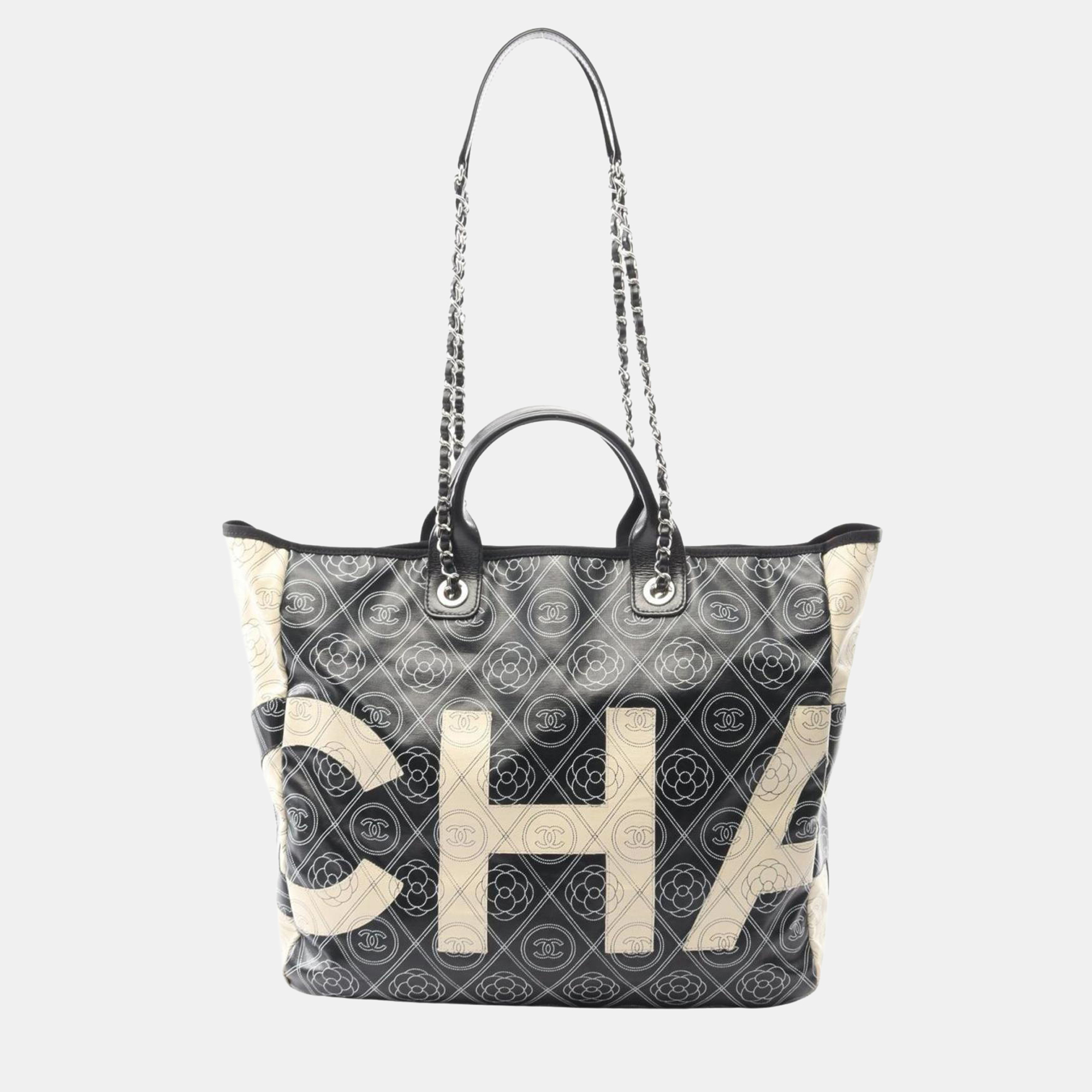 

Chanel Coco Mark Camellia Tote Bag Coated Canvas And Leather Black Beige