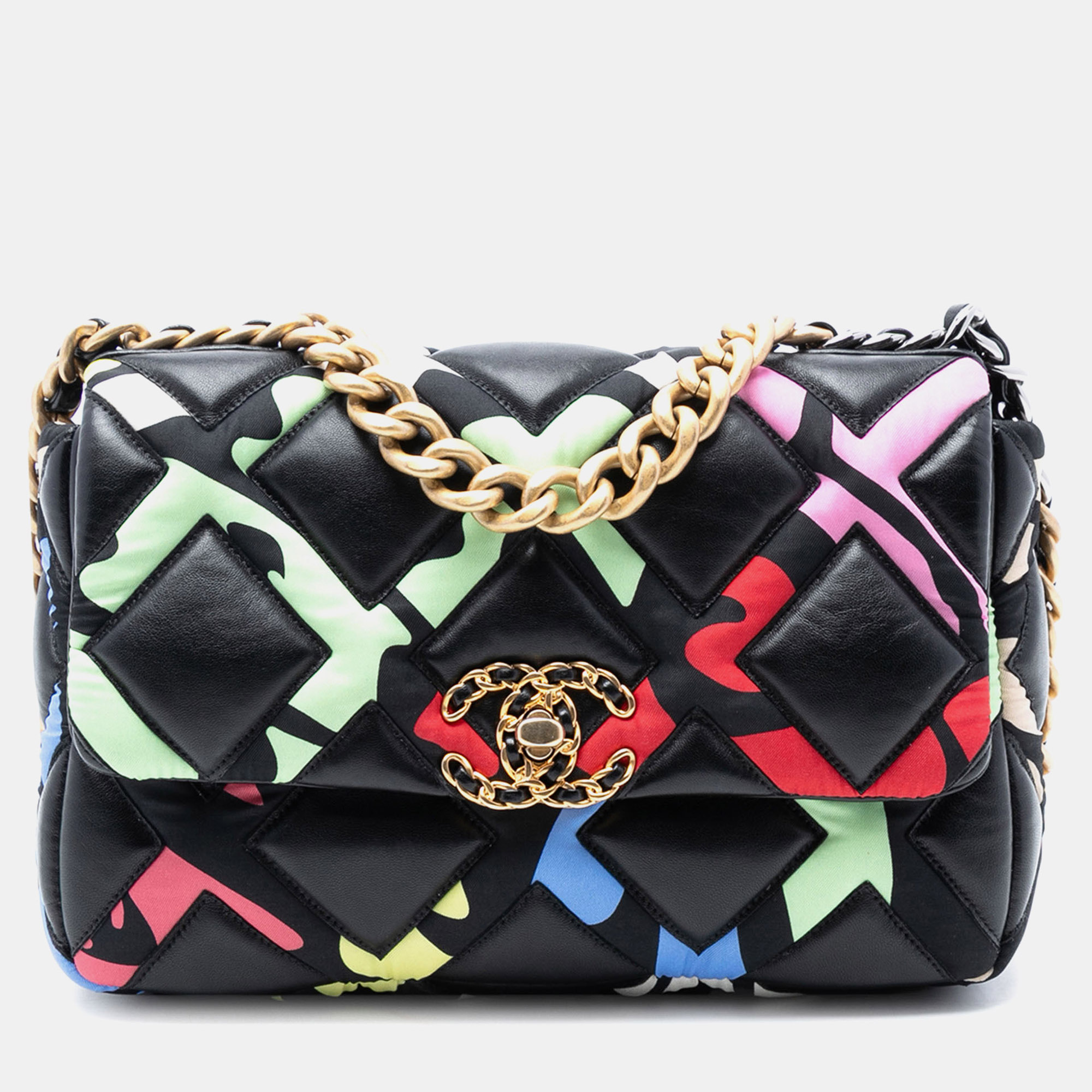 

Chanel Black Medium Lambskin and Printed Silk Fixation 19 Flap