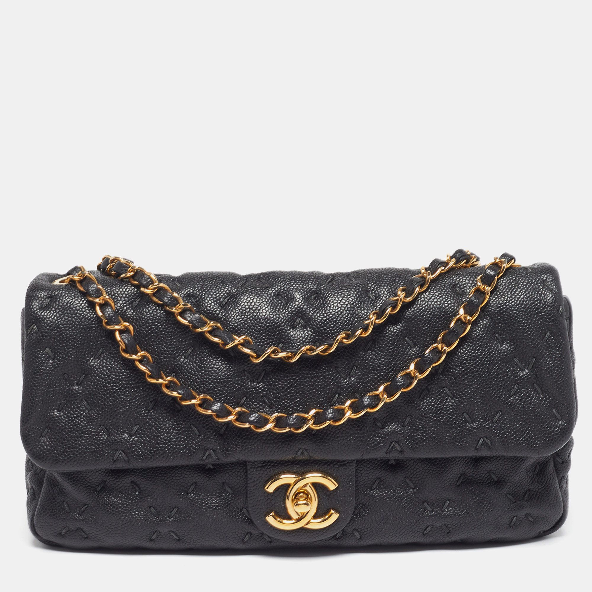 

Chanel East/West Classic Black Wild Stitched Quilted Caviar Leather Flap Bag