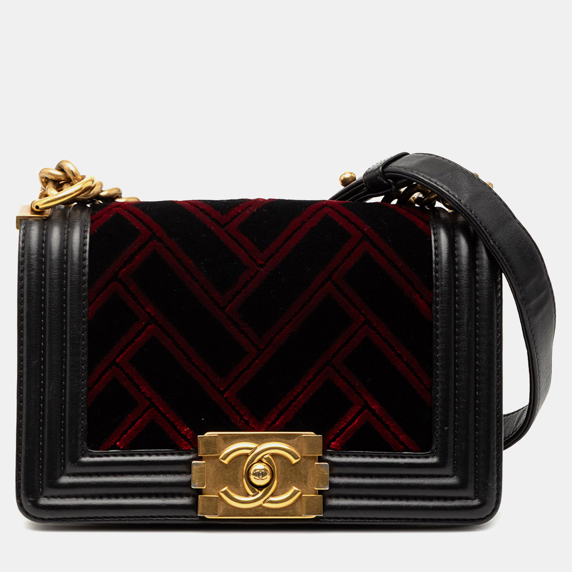 

Chanel Black, Red Small Velvet and Calfskin Boy Flap
