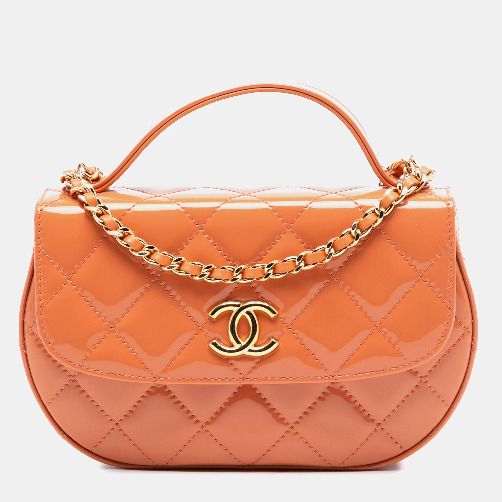 

Chanel Orange CC Quilted Patent Top Handle Phone Holder With Chain