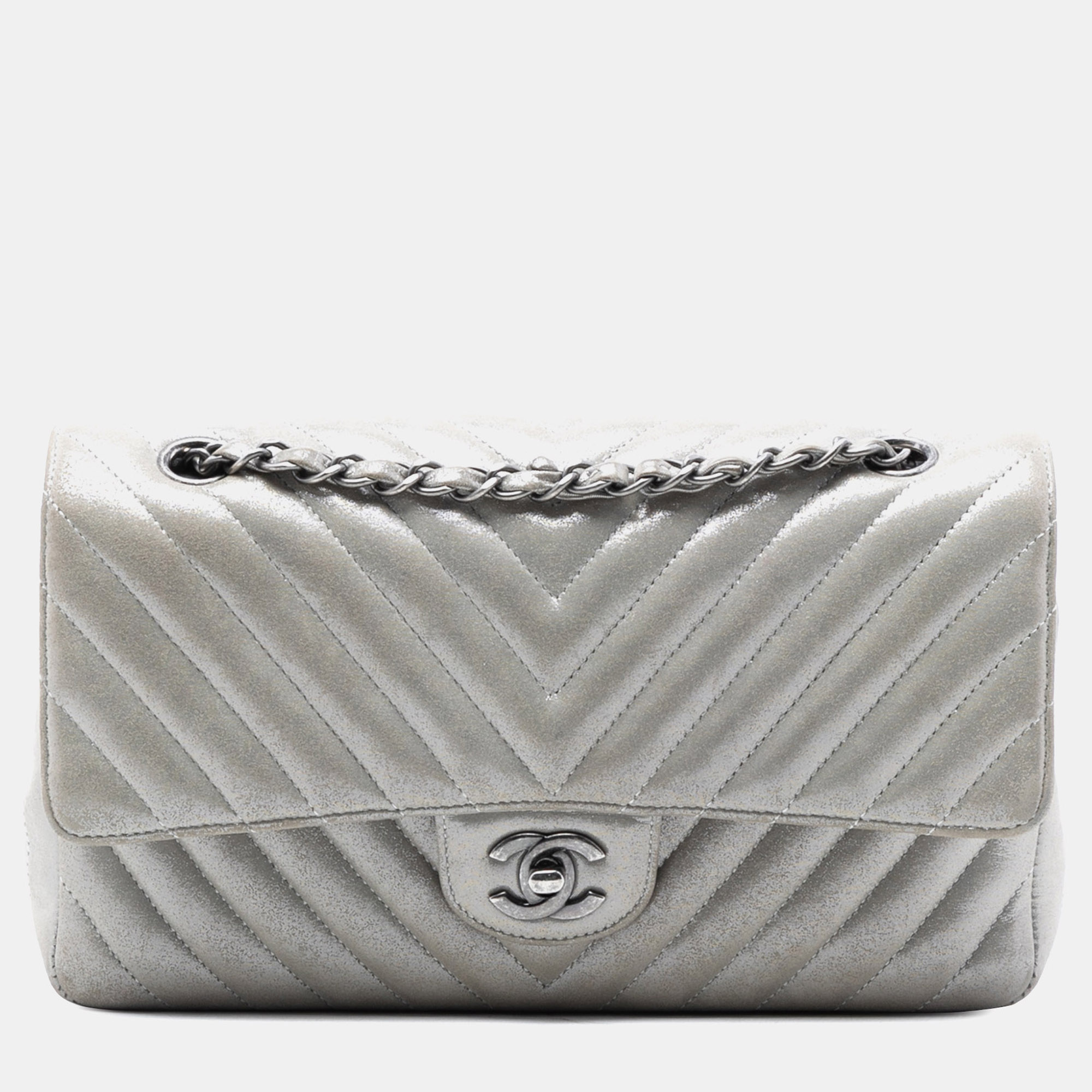 

Chanel Silver Medium Classic Chevron Iridescent Lambskin Double Flap