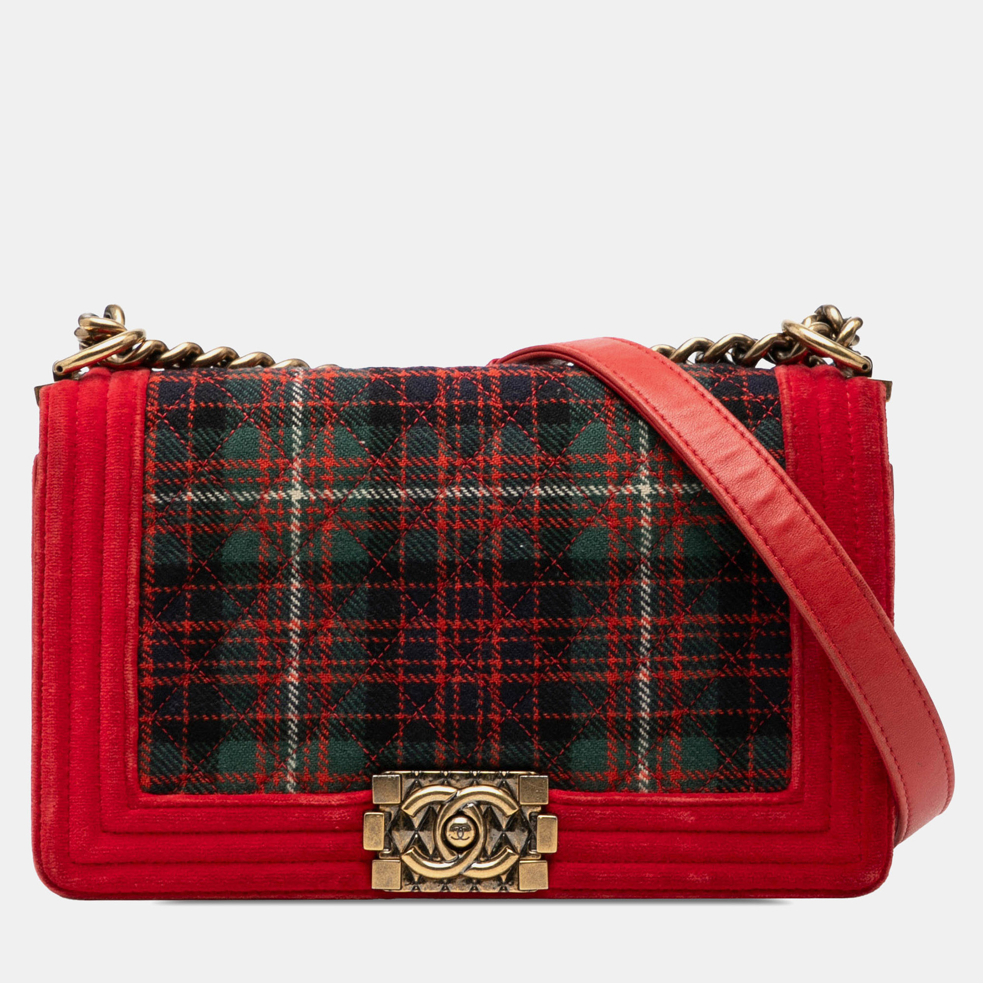

Chanel Red Old Medium Quilted Tweed and Velvet Boy Flap