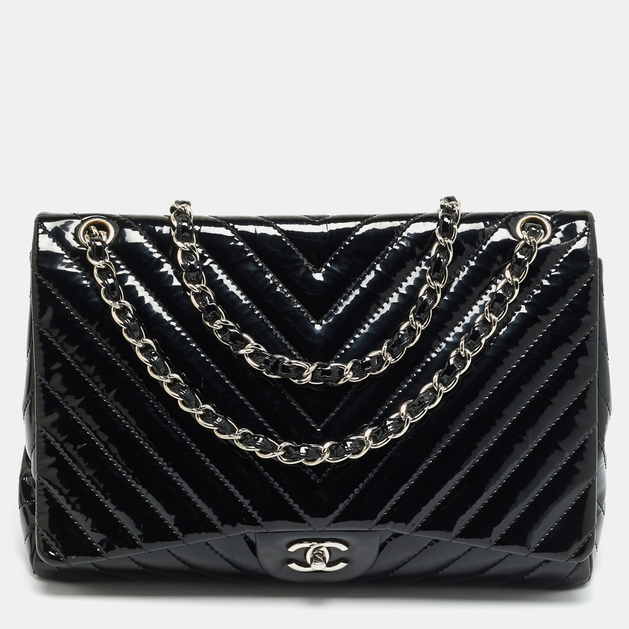 

Chanel Classic Single Flap Maxi Black Chevron Patent Leather Bag