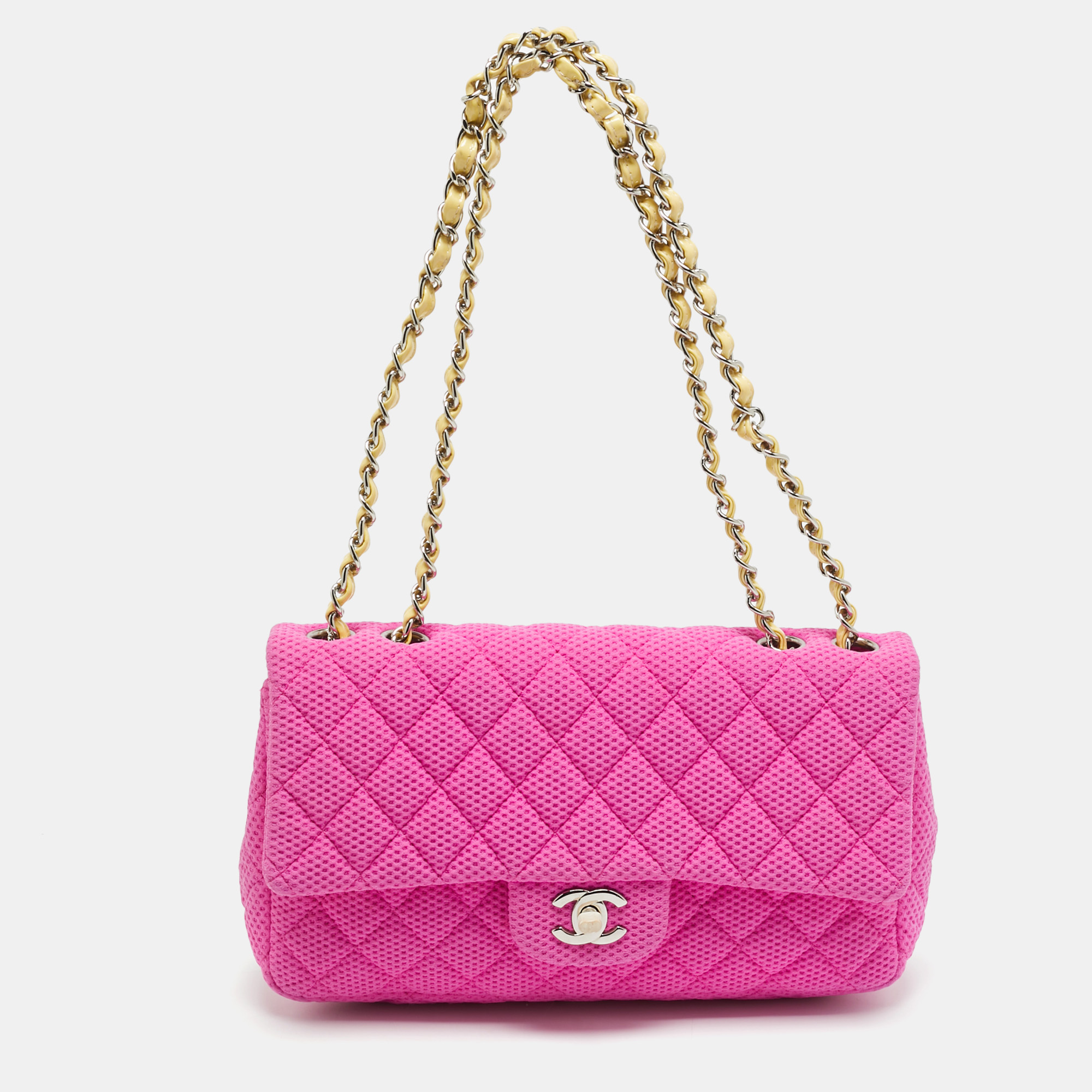 

Chanel Classic Single Flap Medium Pink Perforated Quilted Jersey Bag