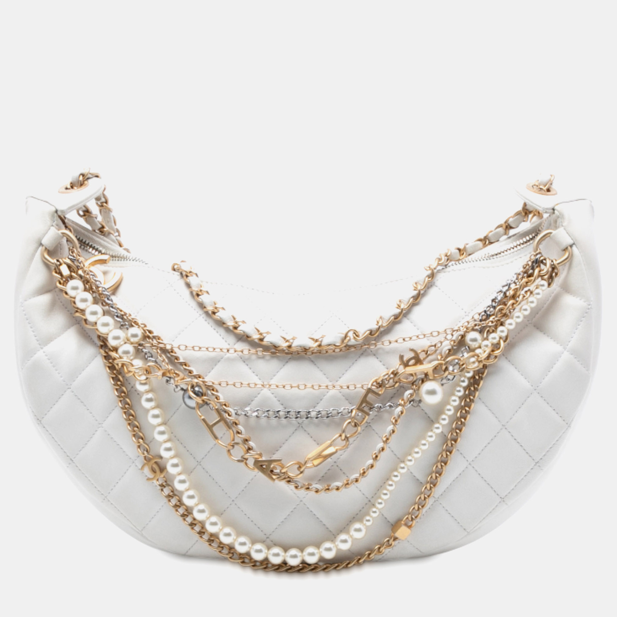 

Chanel White Quilted Lambskin All About Chains Hobo