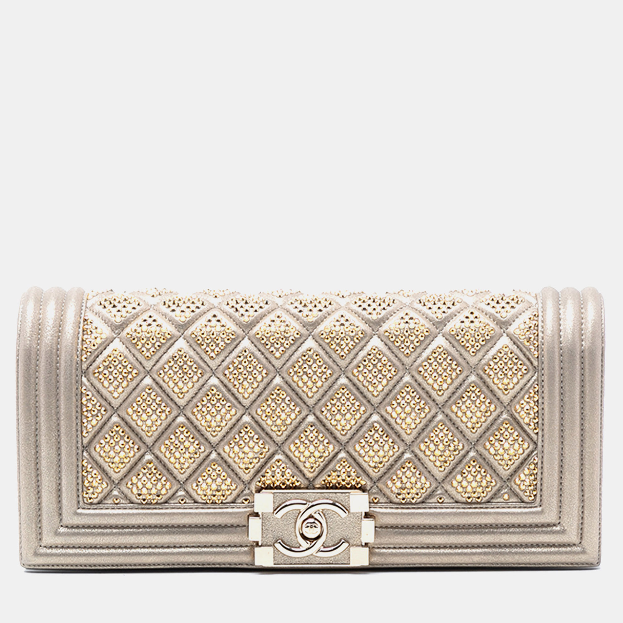 

Chanel Gold Quilted Lambskin Studded Boy Flap Clutch