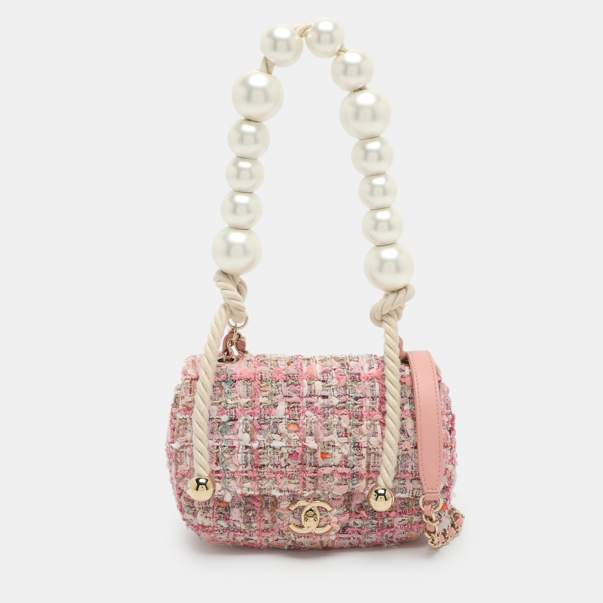 

Chanel Pearl Handle Small Pink Tweed Flap Bag