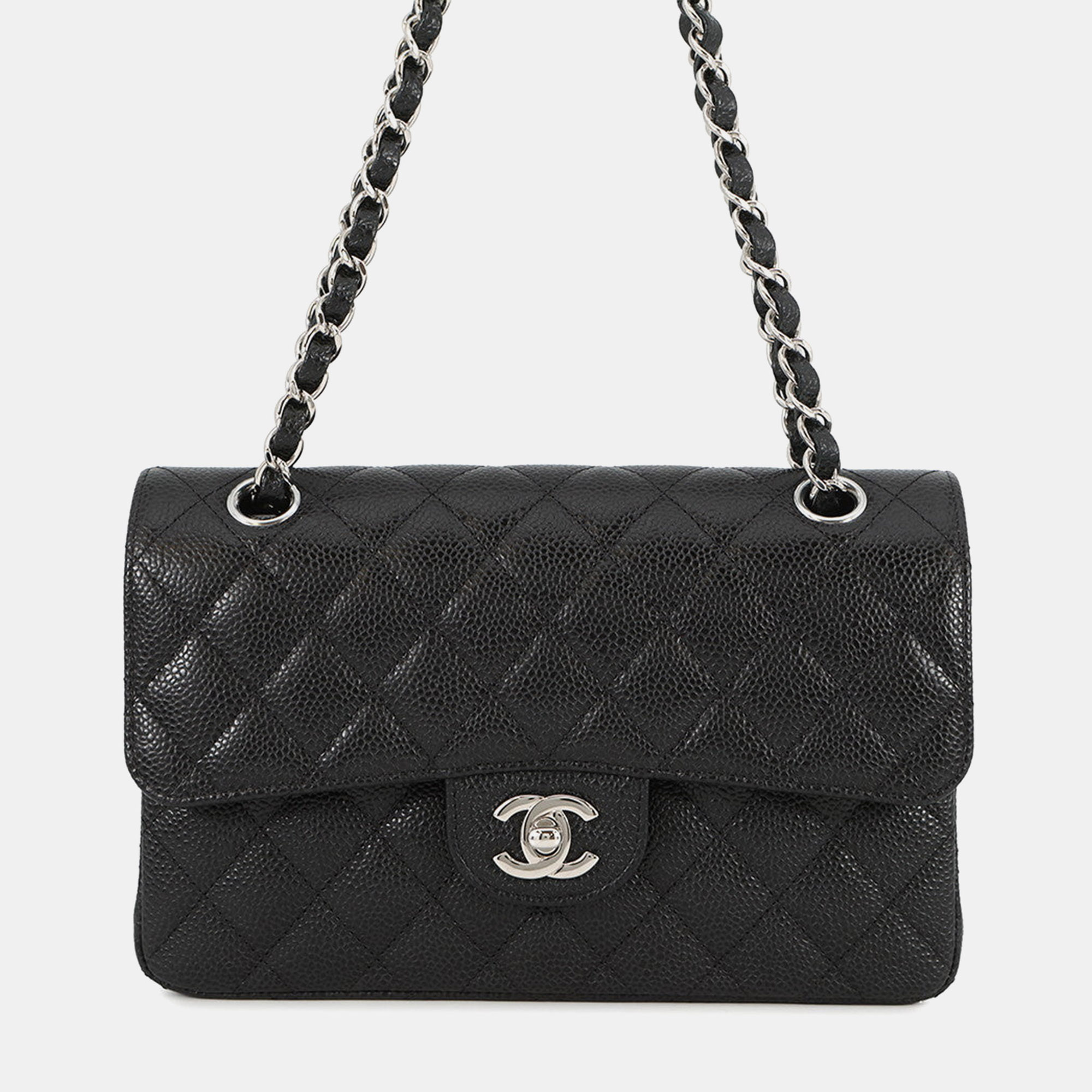 

Chanel Matelasse Double Flap Chain Shoulder Bag Black Caviar Leather Size