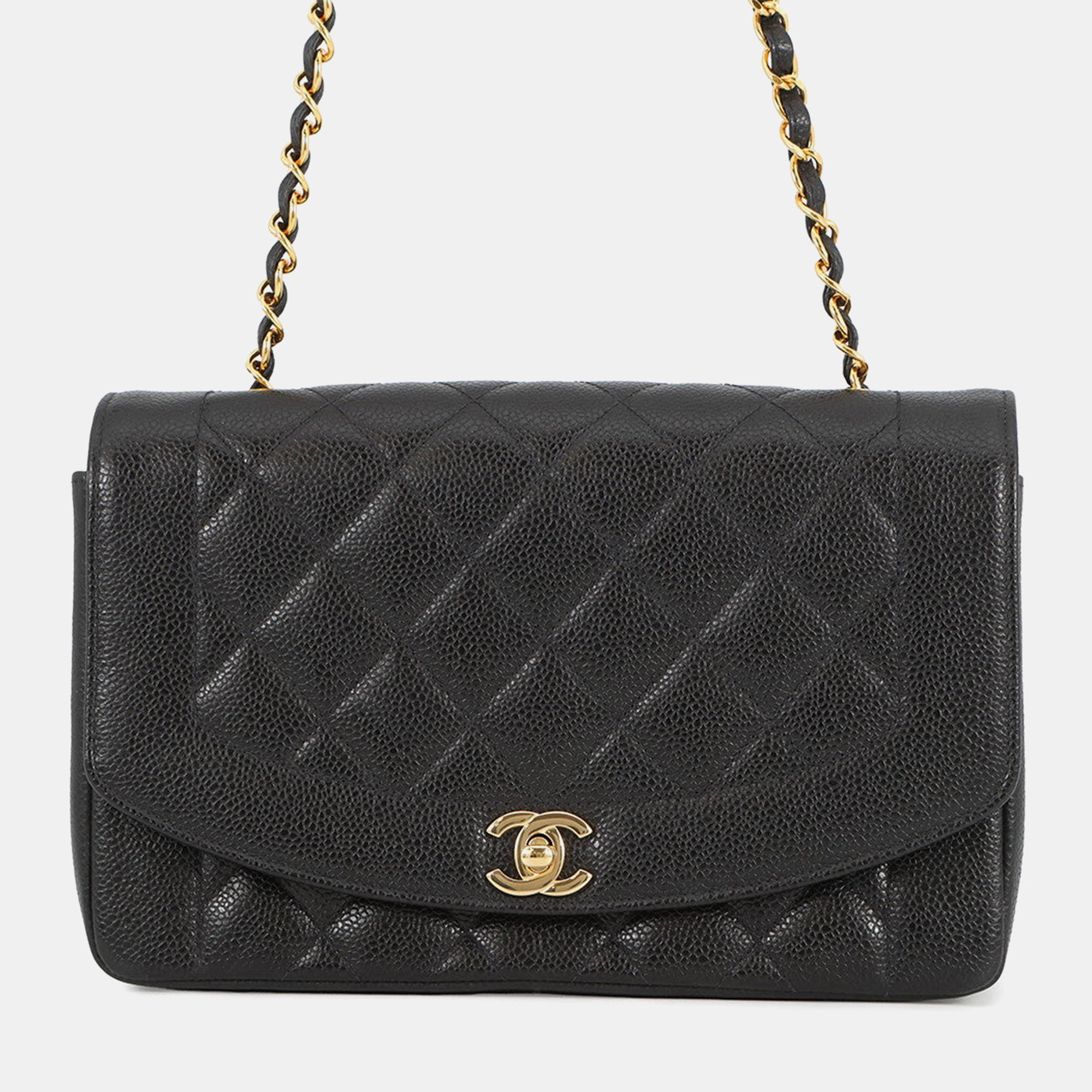 

Chanel Matelasse Diana Single Flap Chain shoulder Bag Black Caviar Leather Size