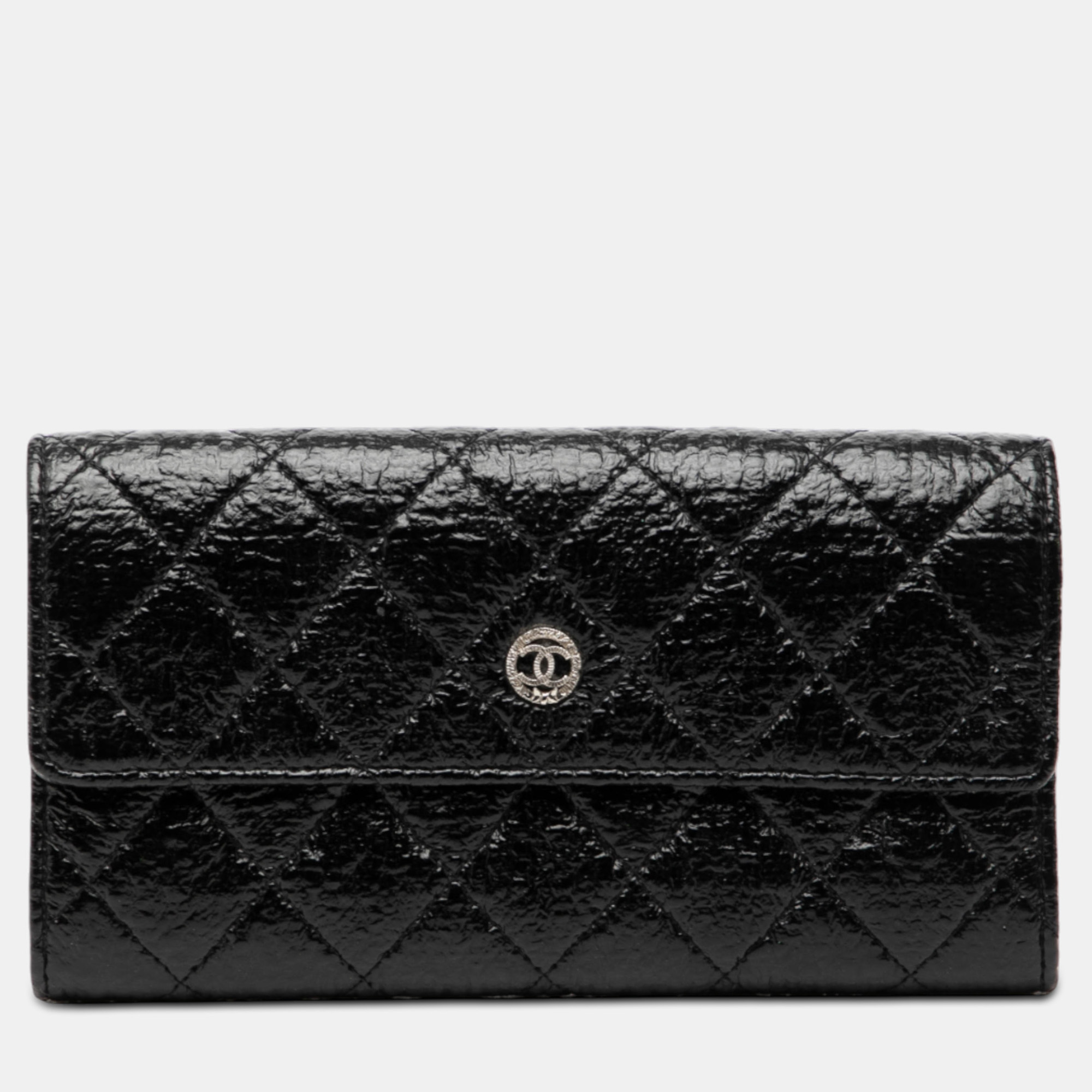 

Chanel Black Distressed Quilted Patent Brilliant Flap Long Wallet