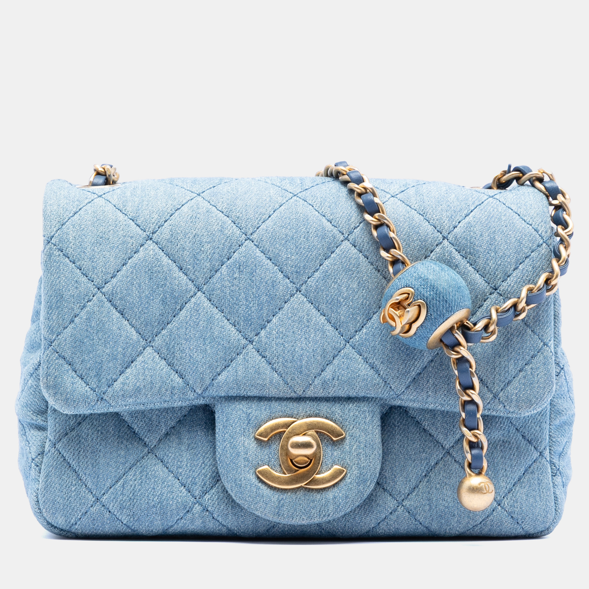 

Chanel Blue Mini Square Classic Denim Pearl Crush Single Flap