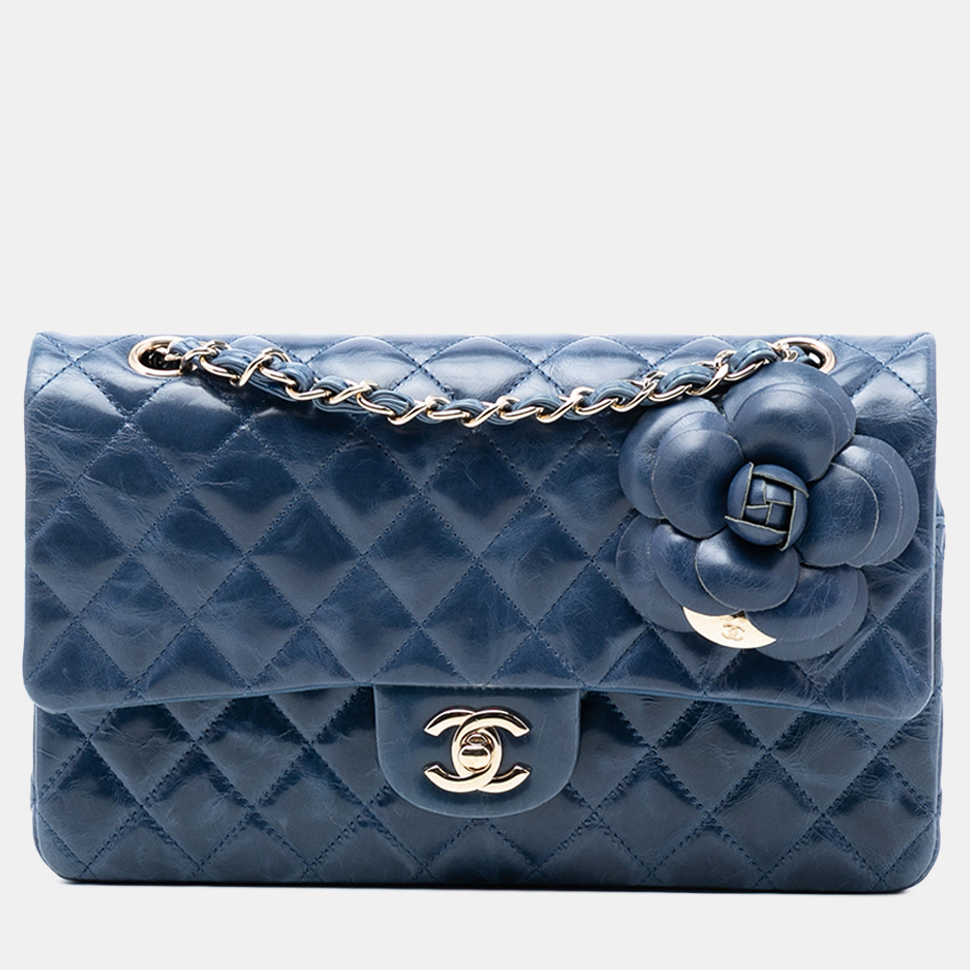 

Chanel Blue Medium Classic Glazed Calfskin Camellia Double Flap