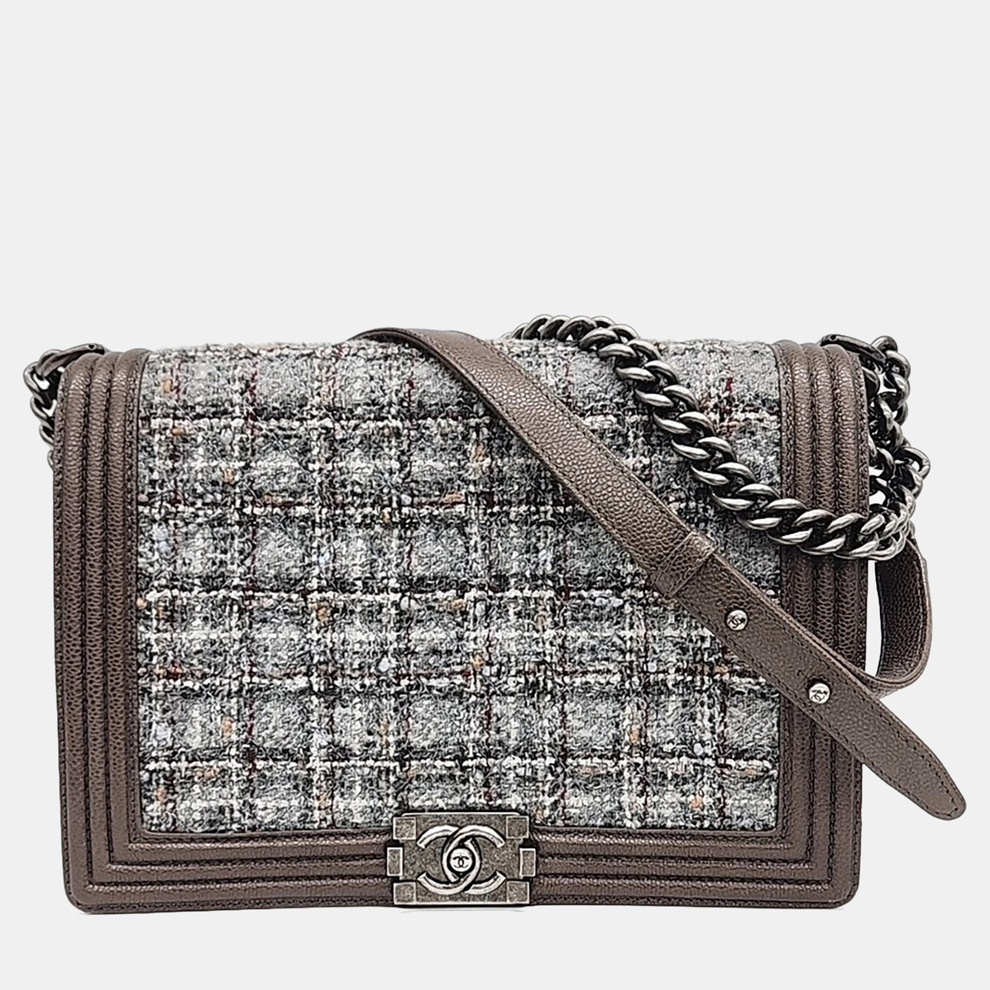 

Chanel Brown Grey Leather and Tweed Tweed Boy Bag Large