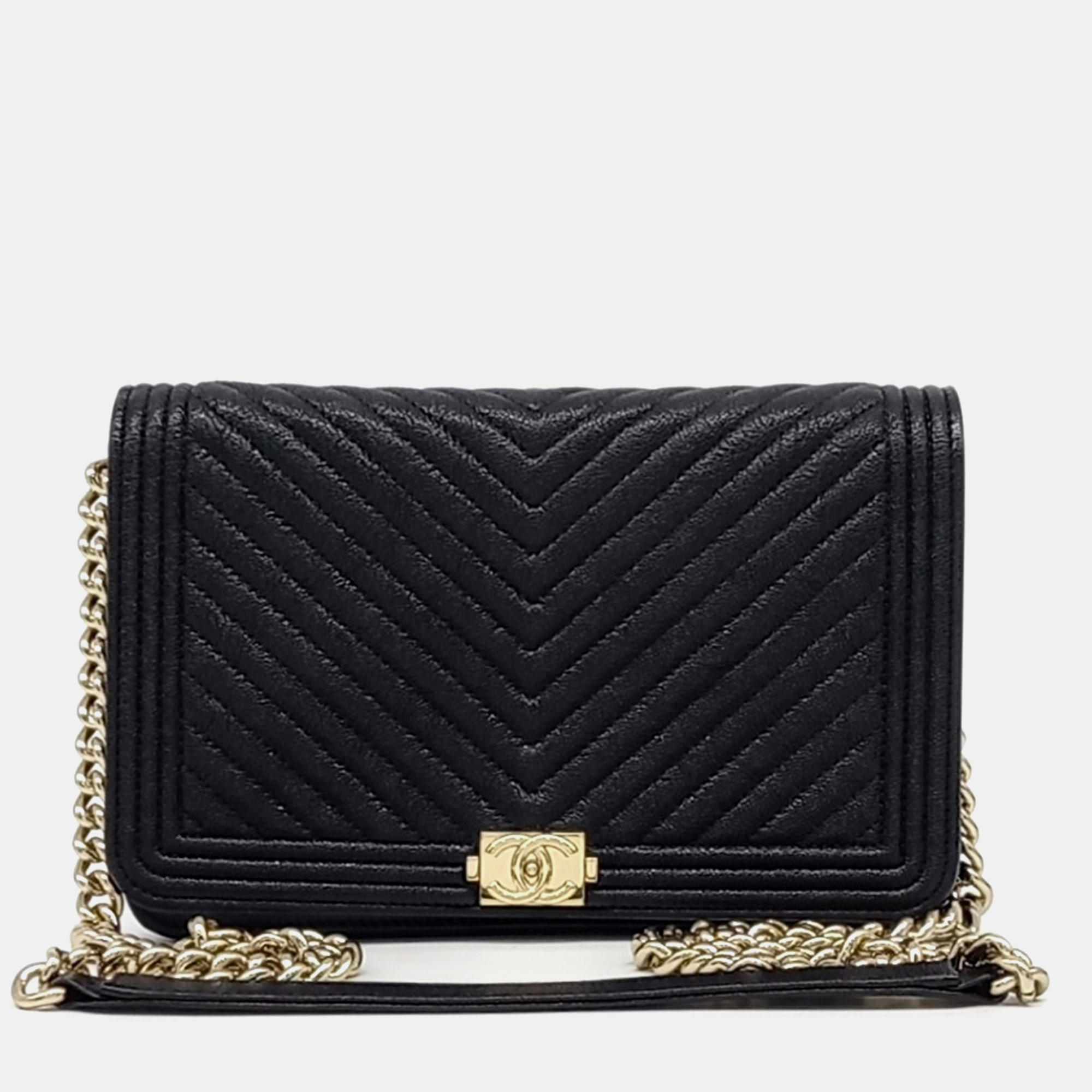 

Chanel Black Leather Caviar Chevron Boy WOC Mini Crossbody Bag