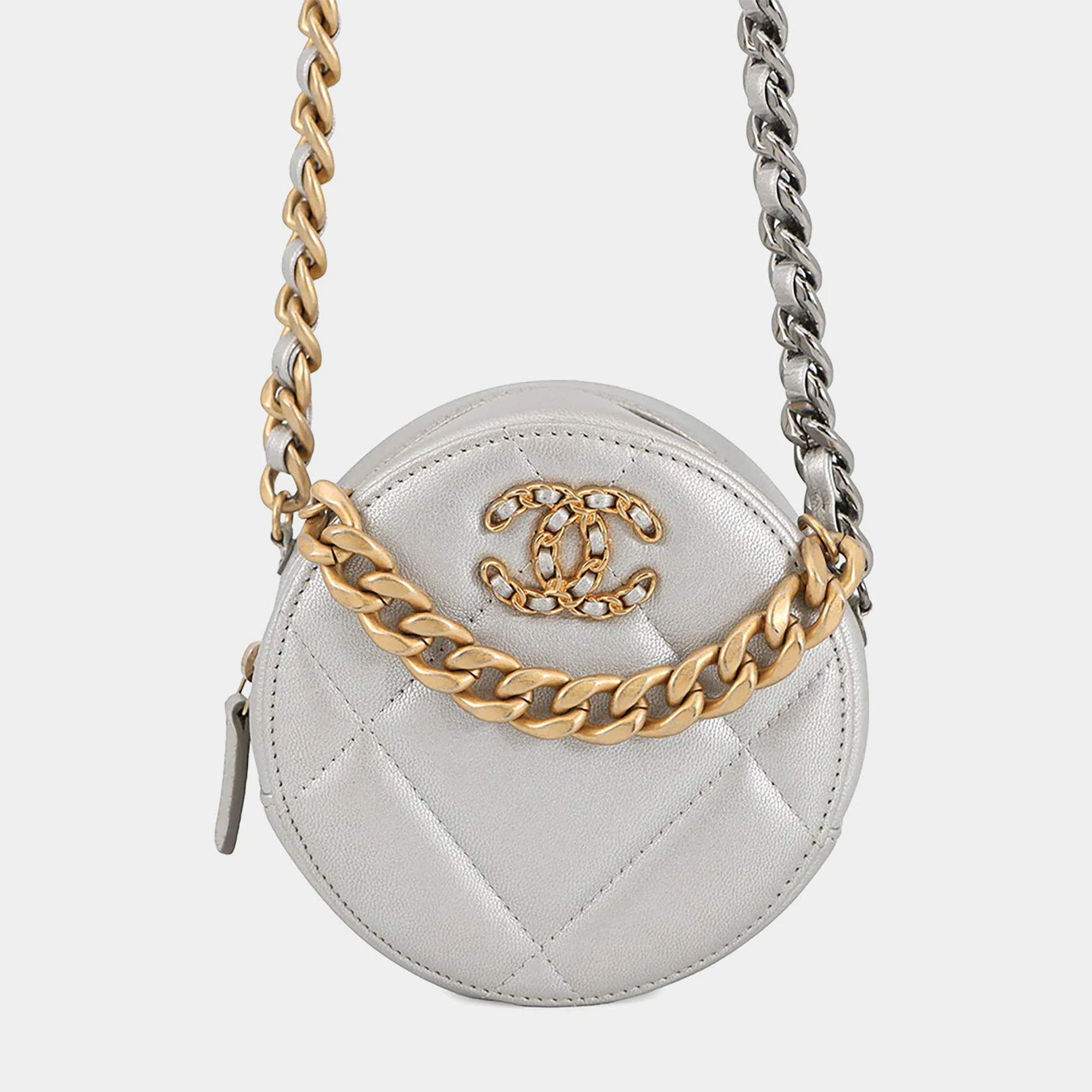 

Chanel Chanel 19 Grey Lambskin Leather Round Chain Shoulder Bag, Silver
