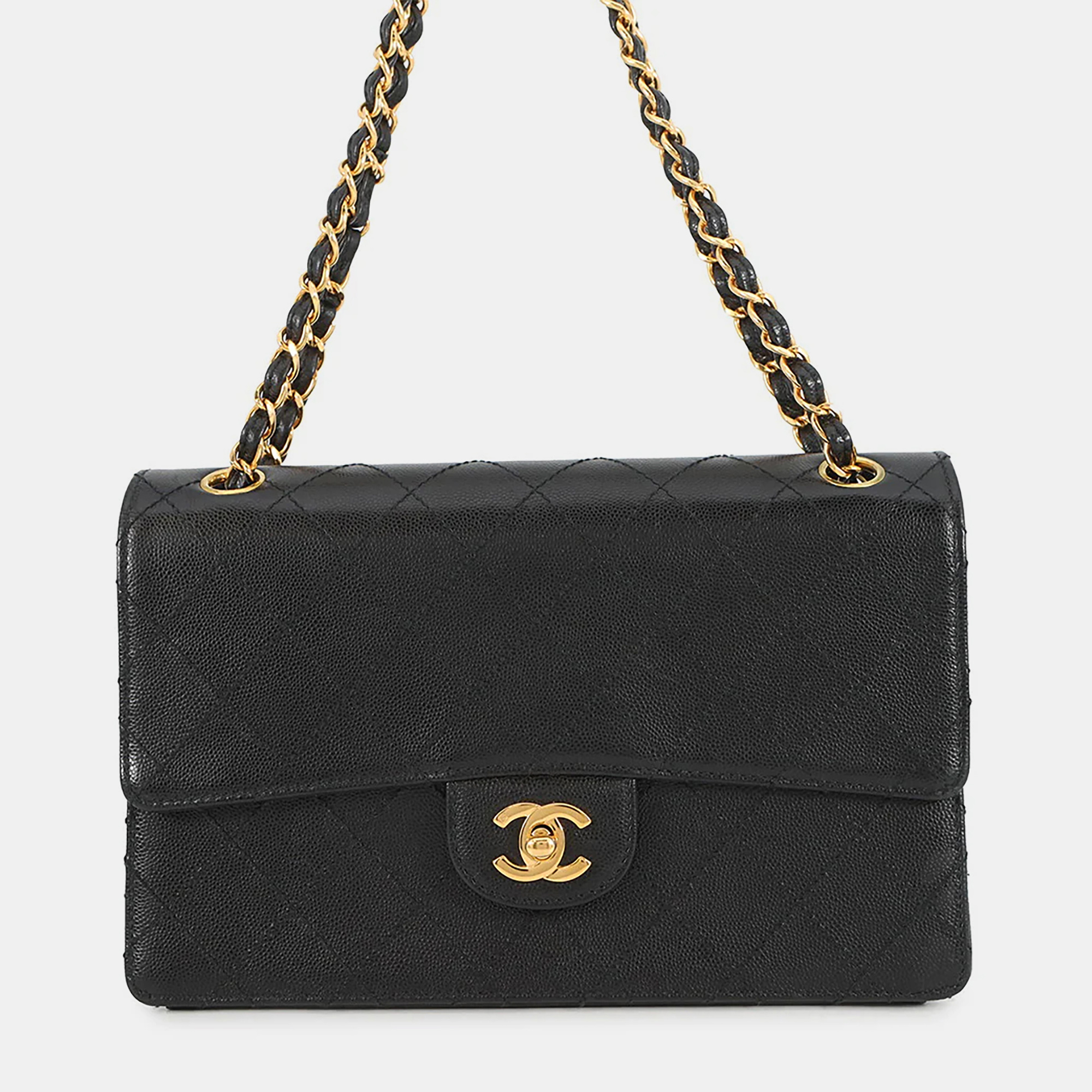 

Chanel Matelasse Black Caviar Leather Single Flap Chain shoulder Bag Size