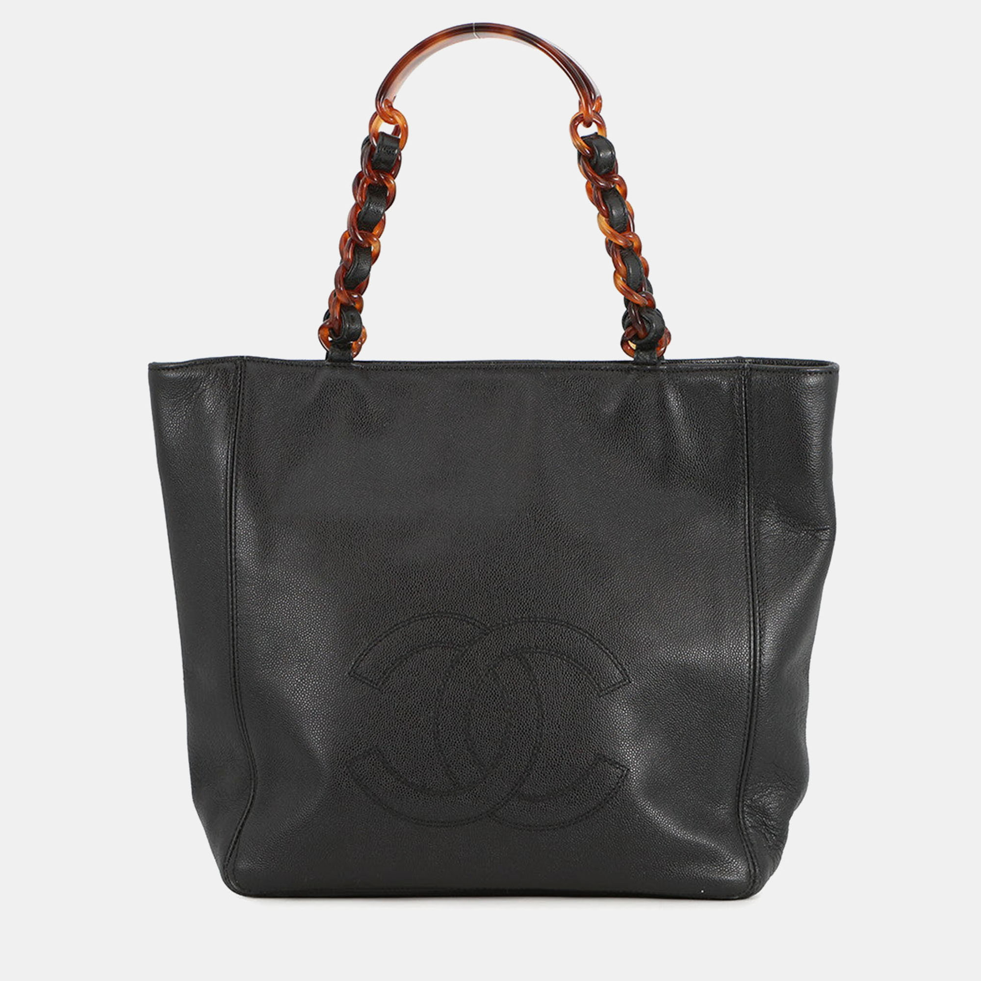 

Chanel Cc Logo Plastic Chain Tote Bag Black/Brown Caviar Leather