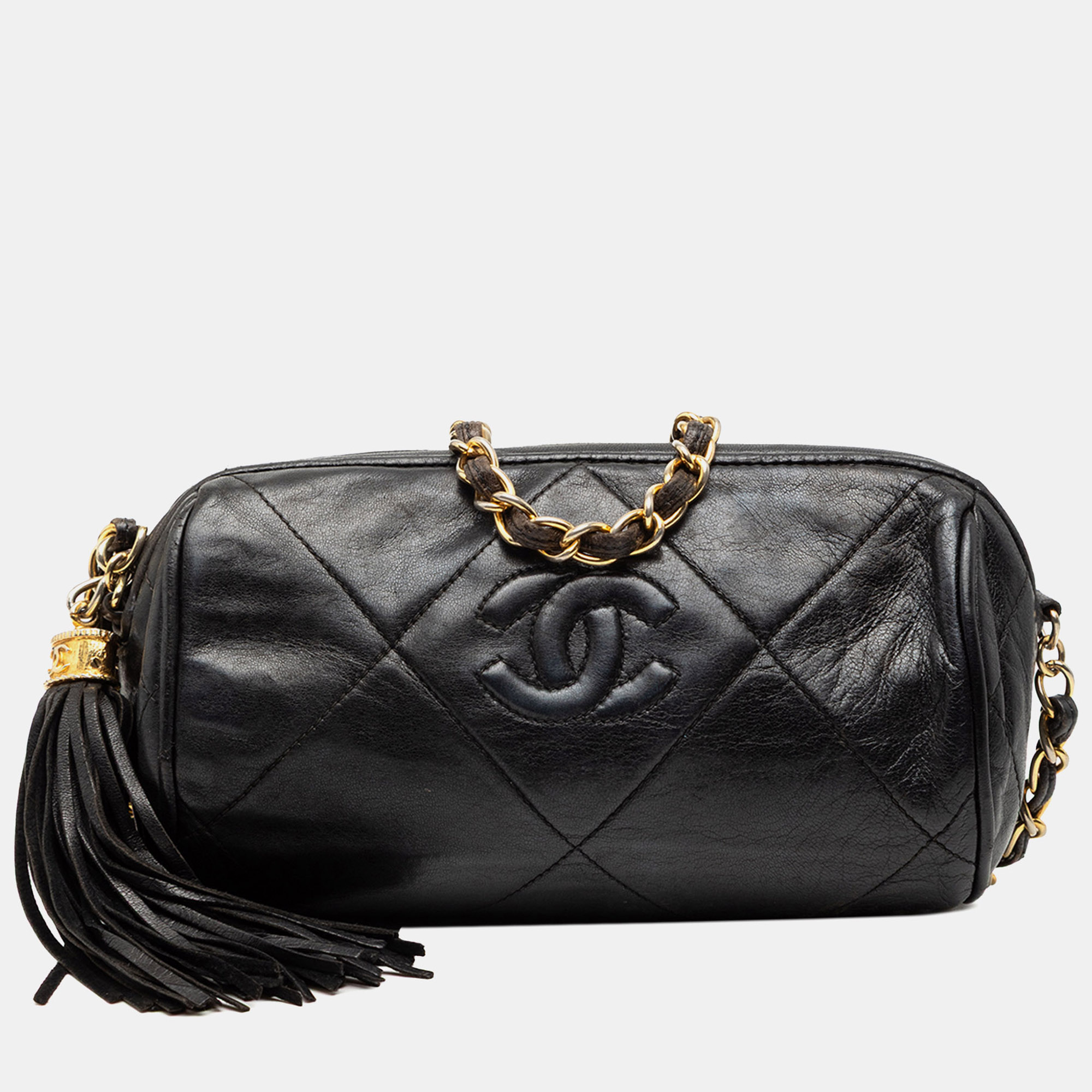 

Chanel Black Quilted Lambskin Tassel Barrel Crossbody