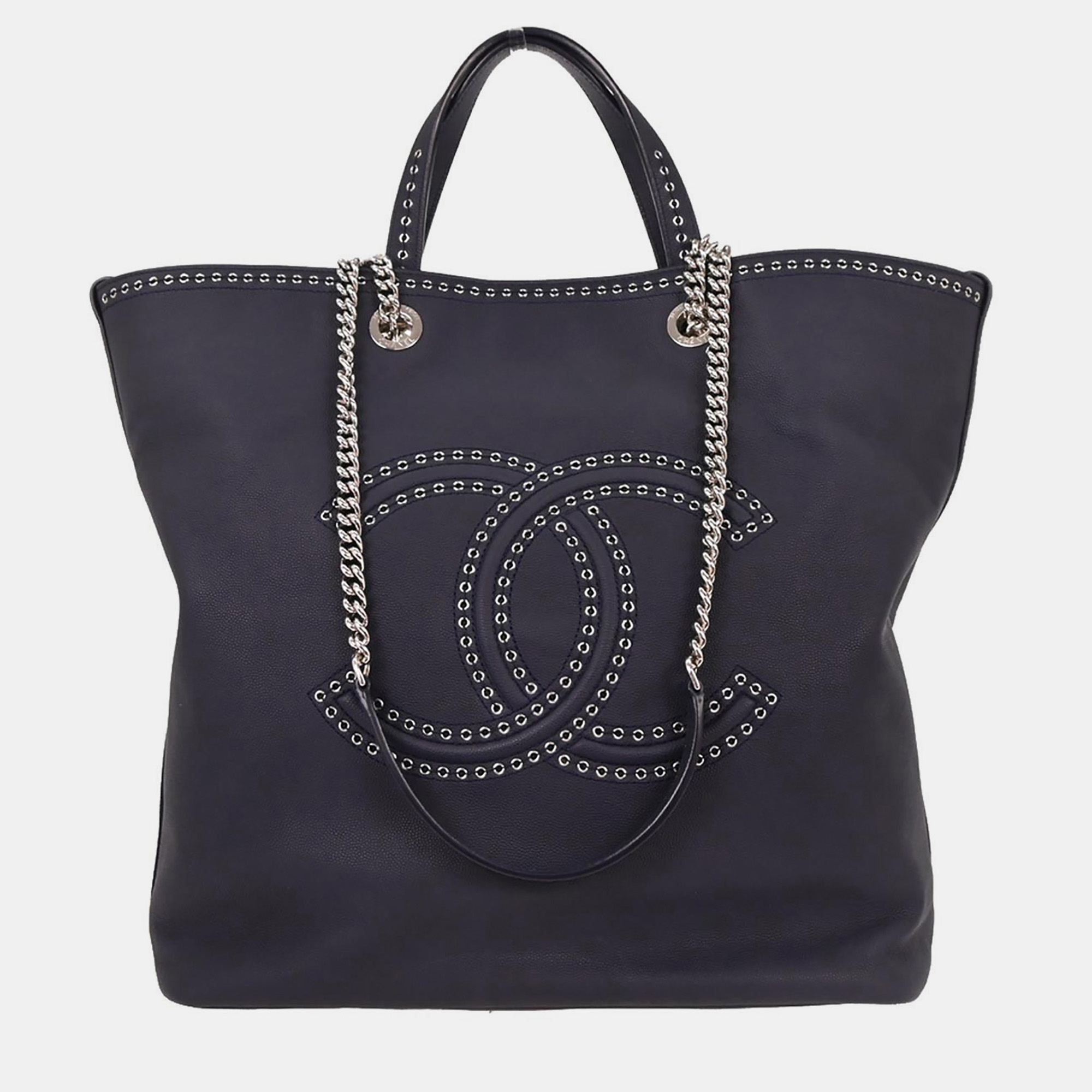

Chanel Coco Eyelets Large Navy Calfskin Leather Shopping Tote Bag, Navy blue