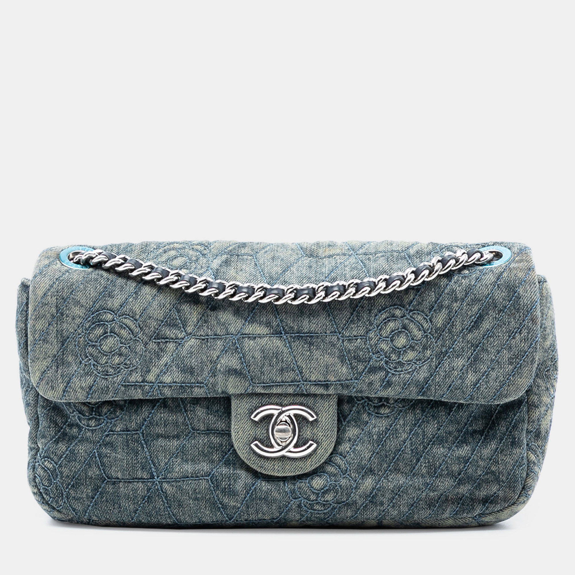 

Chanel Blue Medium Embroidered Denim Camellia Flap