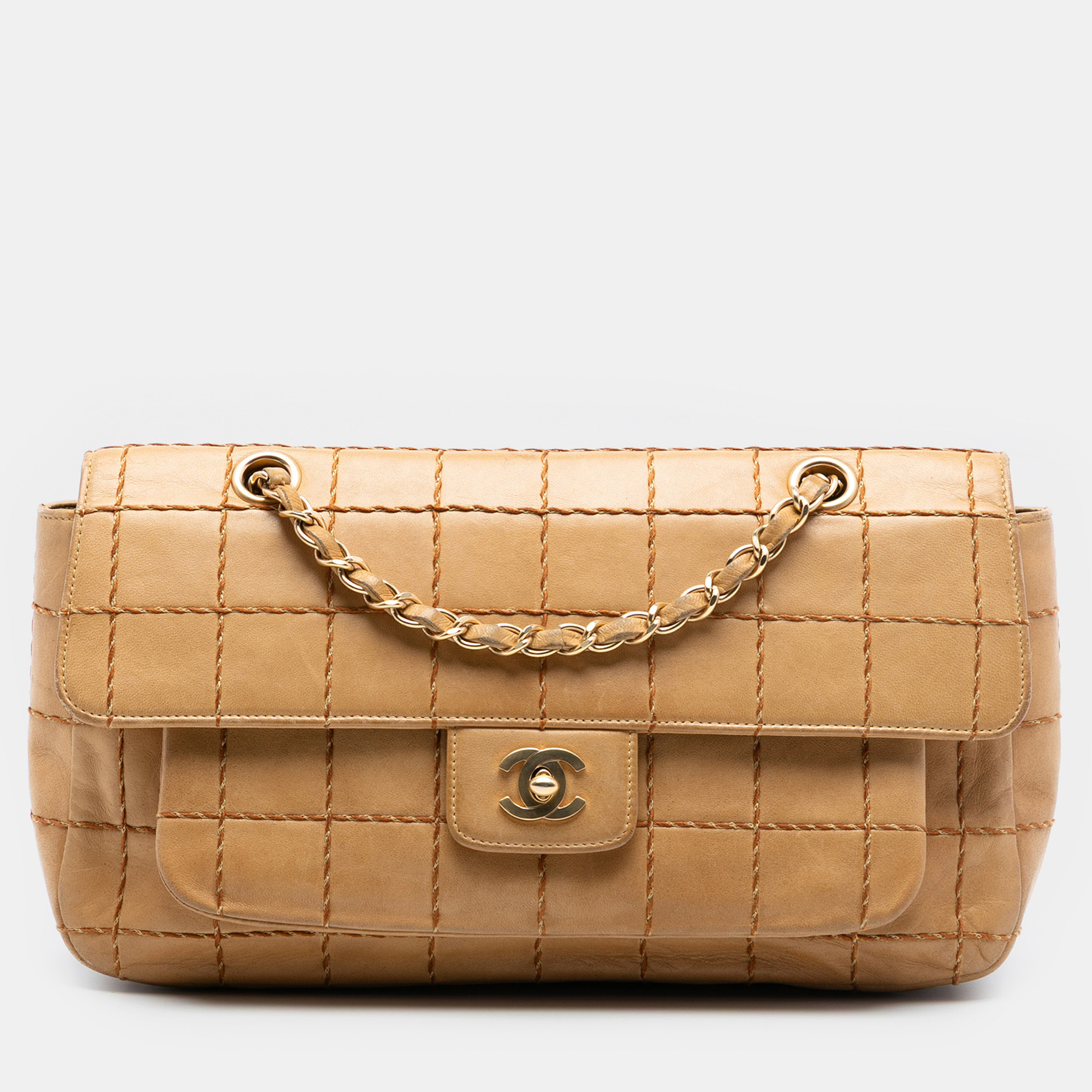

Chanel Brown Chocolate Bar Lambskin Wild Stitch Chain Flap