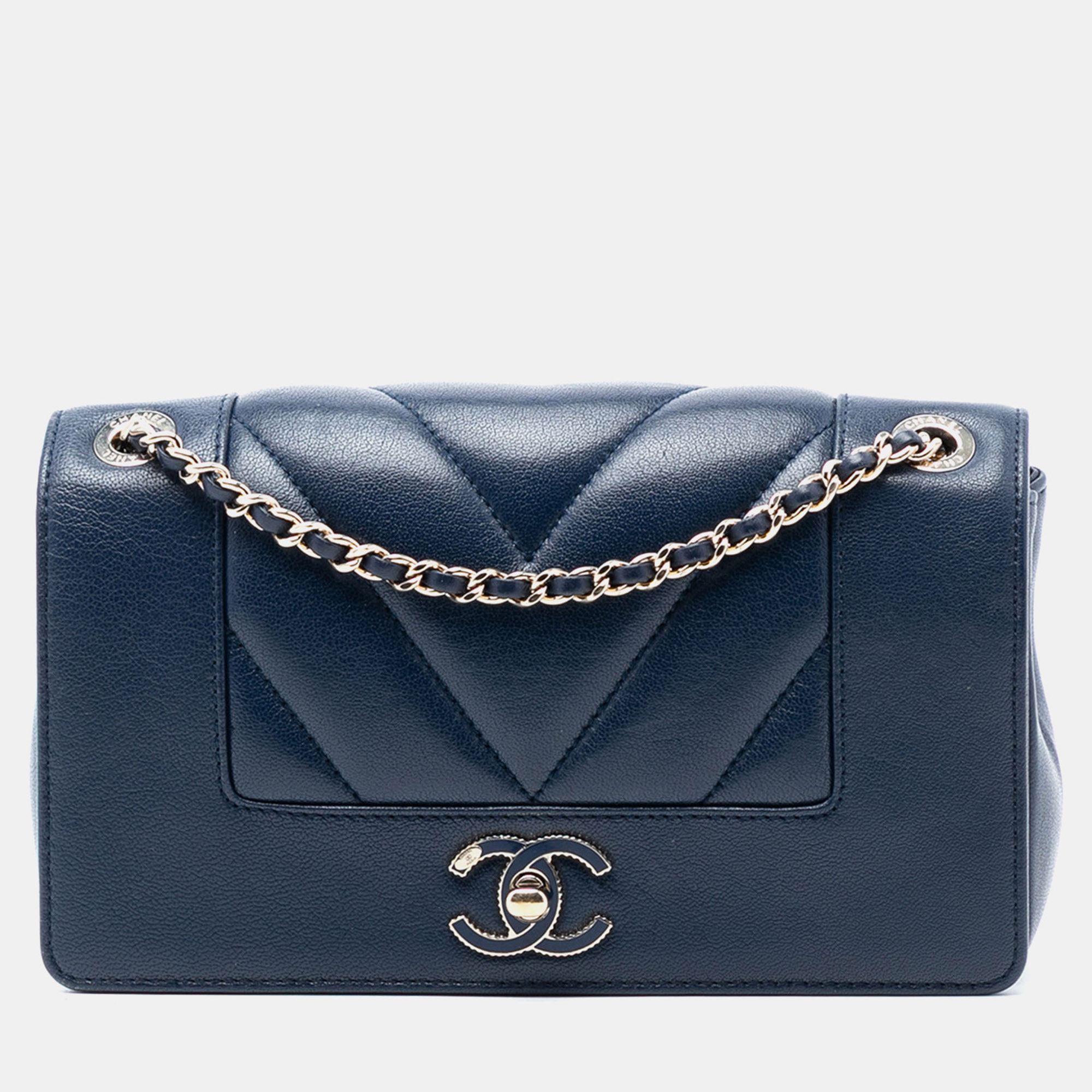 

Chanel Blue Mini Quilted Chevron Sheepskin Mademoiselle Vintage Flap