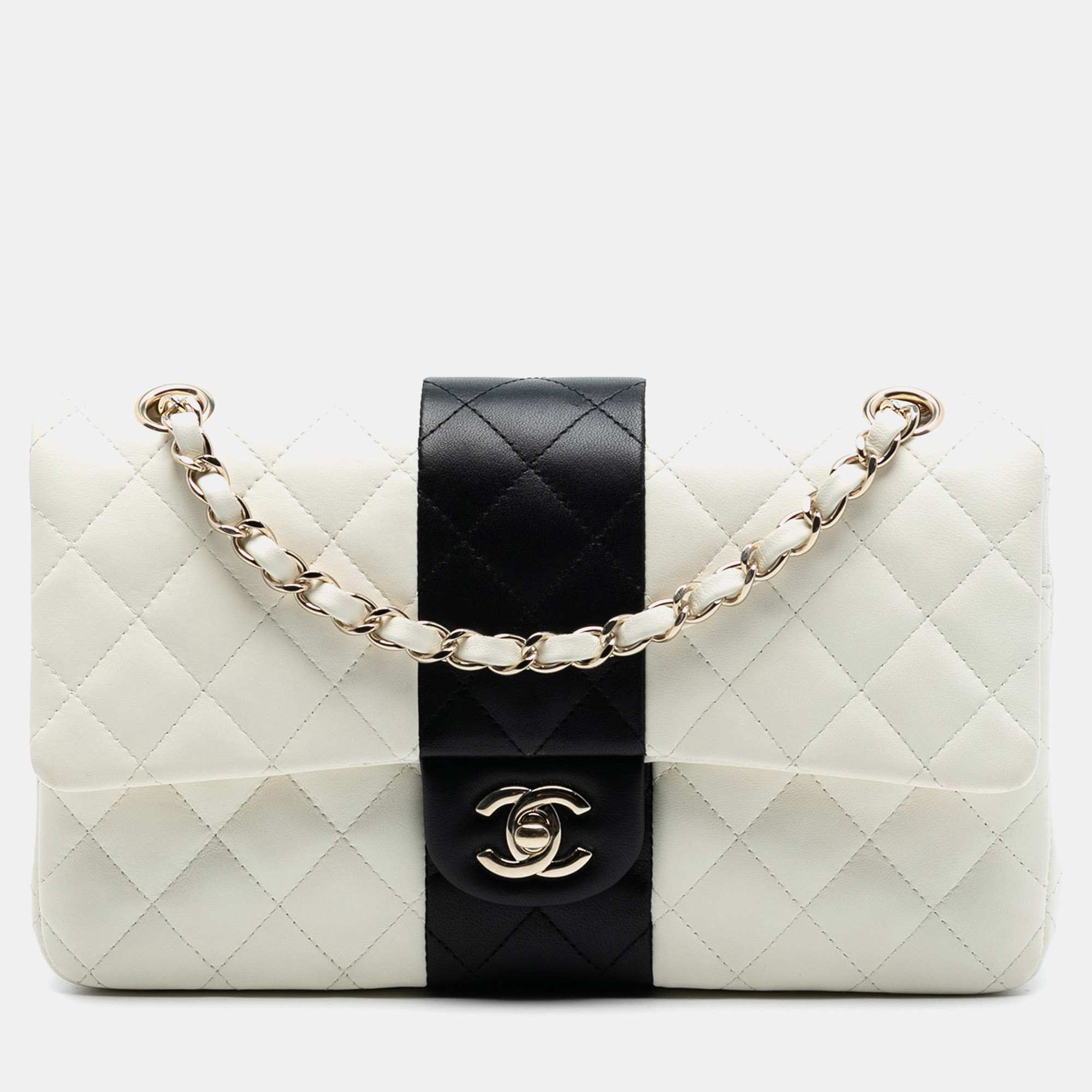 

Chanel White Medium Classic Bi Stripe Lambskin Double Flap