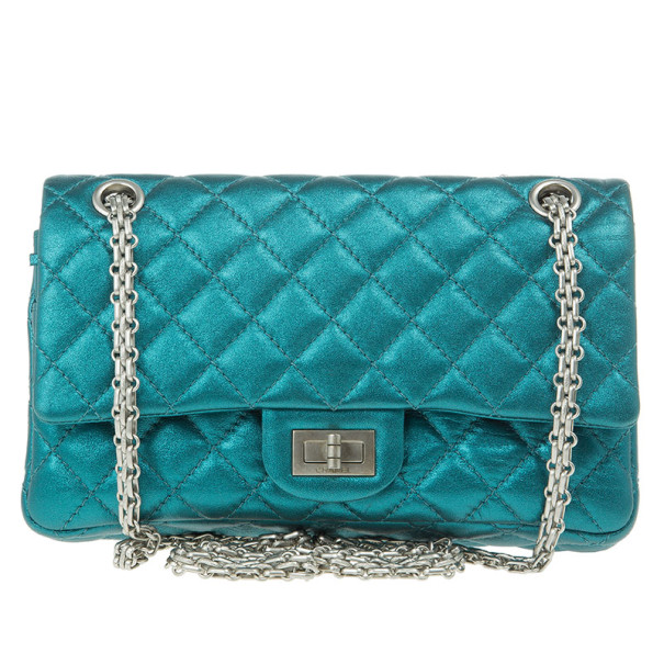 Chanel Blue Metallic Lambskin Reissue 2.55 Double Flap Shoulder Bag