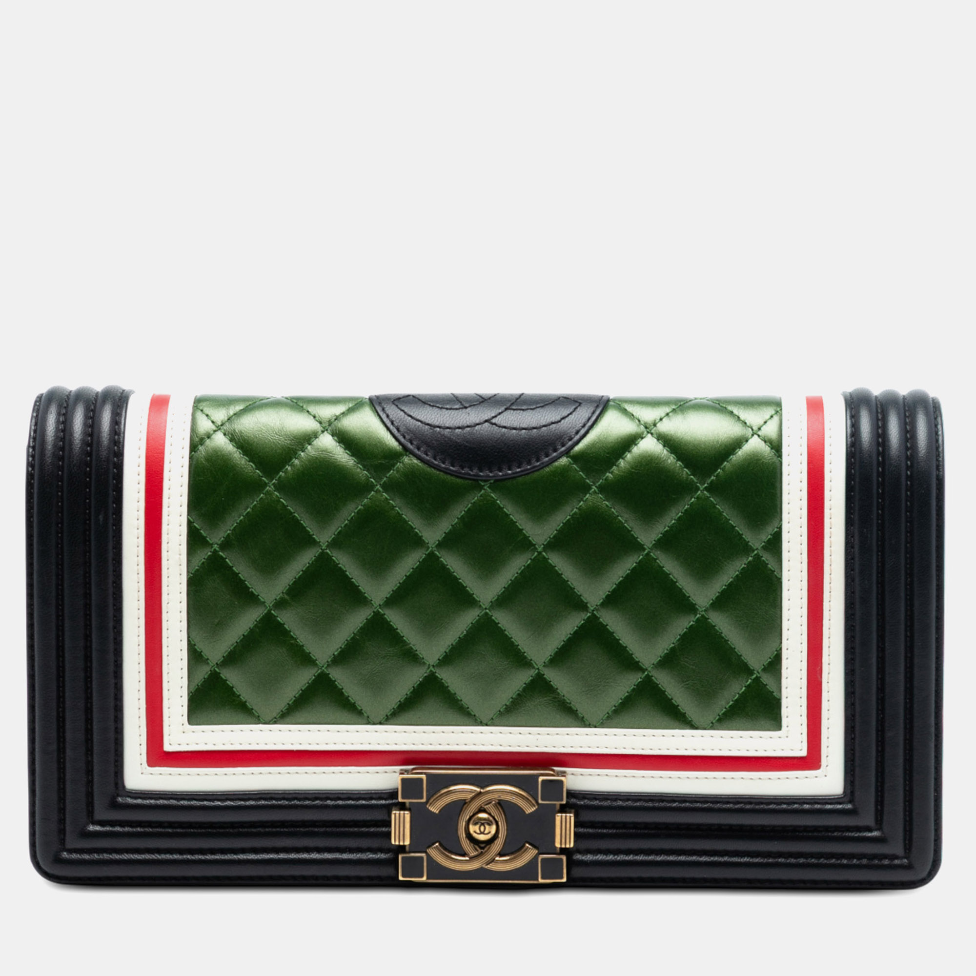 

Chanel Black Green Old Medium Multicolor Quilted Lambskin Crest Boy Flap