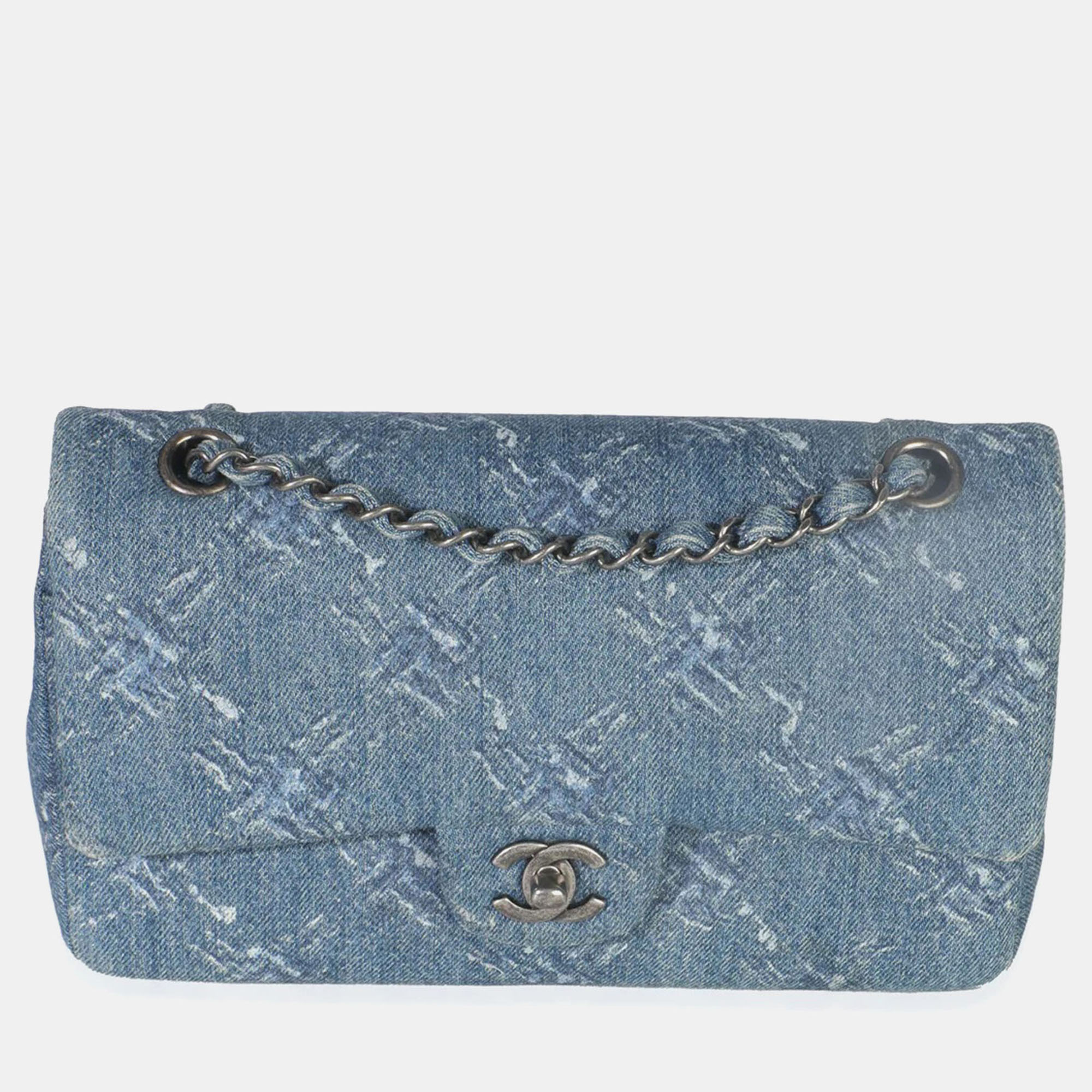 

Chanel Blue Bleached Chain Printed Denim Medium Classic Double Flap Bag