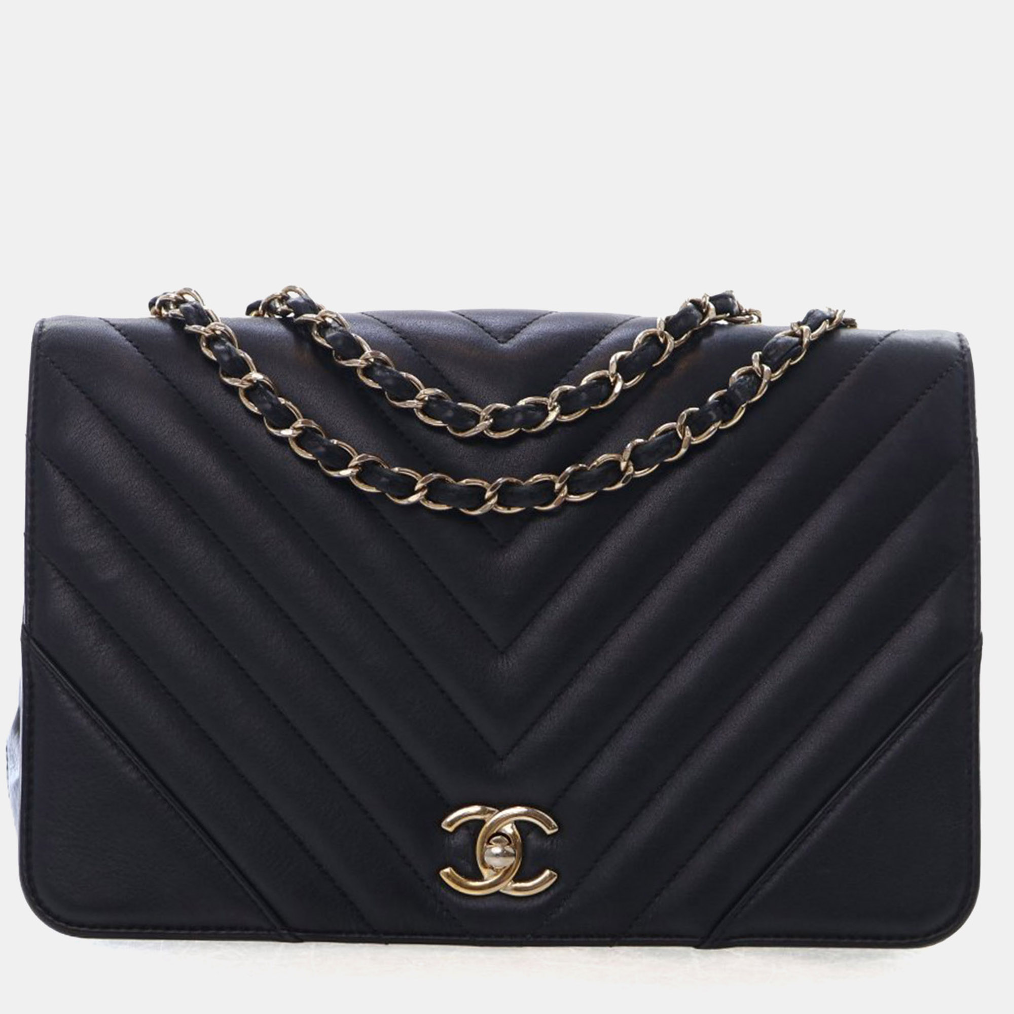 

Chanel Medium Black Calfskin Chevron Statement Flap Bag