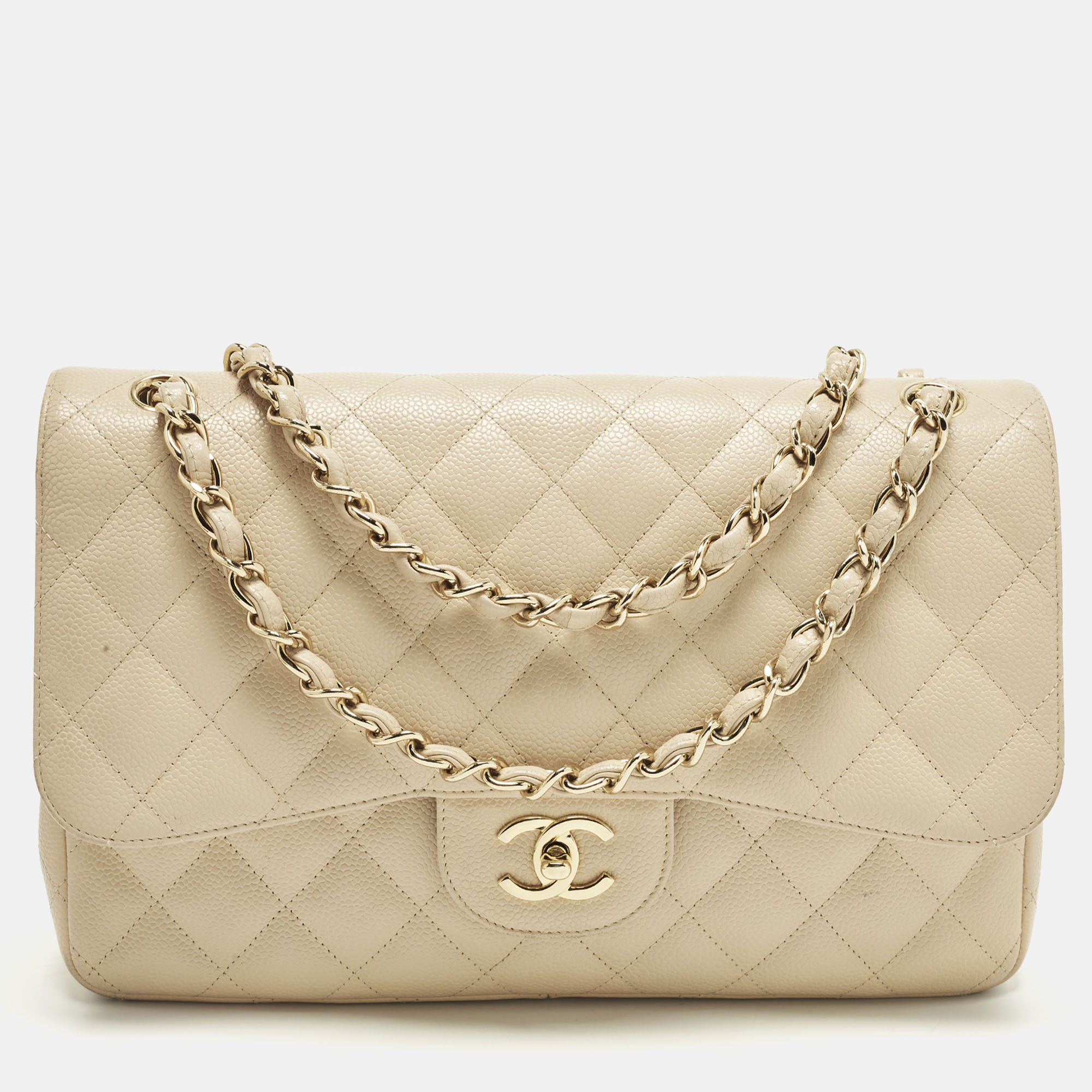 

Chanel Classic Double Flap Jumbo Beige Quilted Caviar Leather Bag