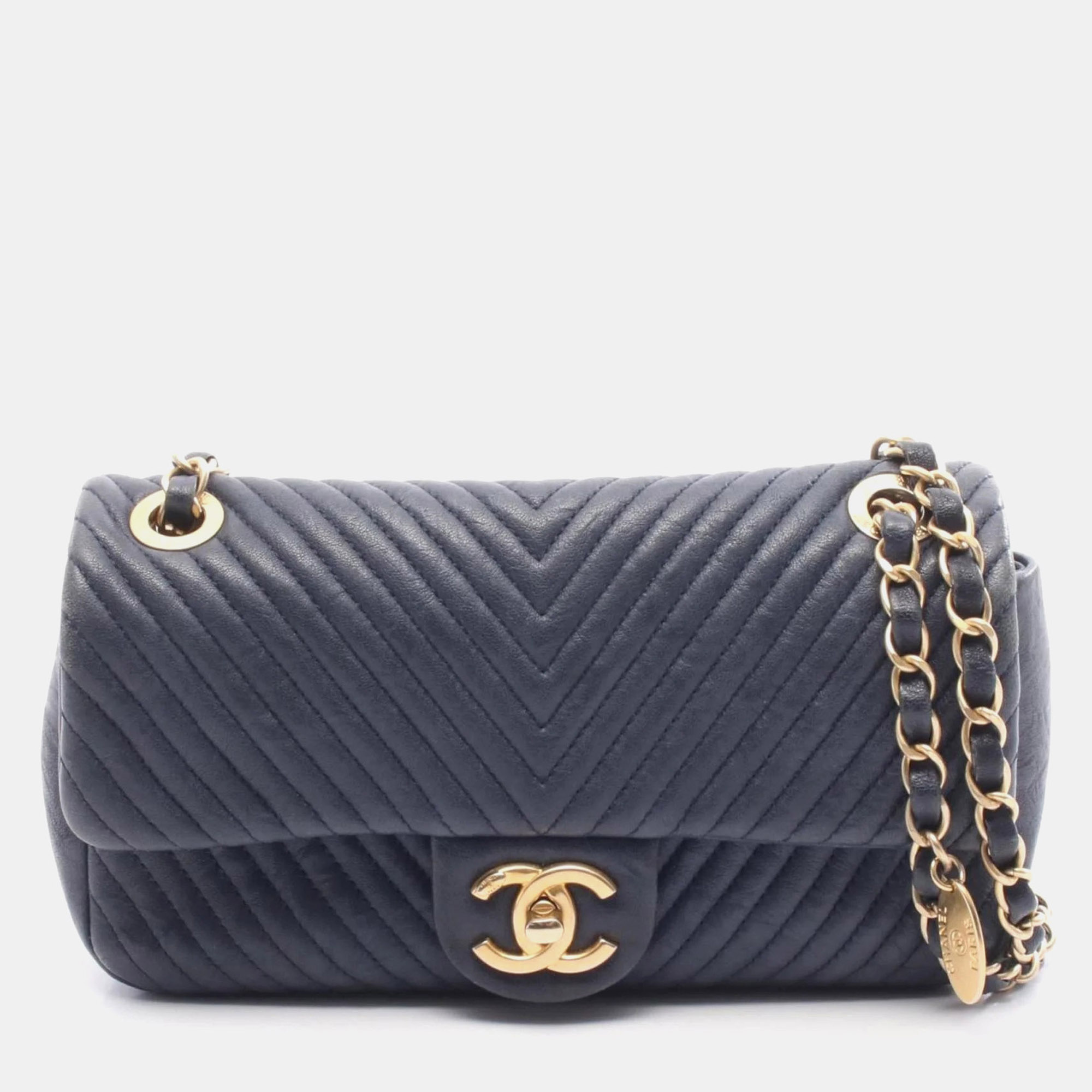 

Chanel Chevron V-Stitch Shoulder Bag Leather Navy, Navy blue