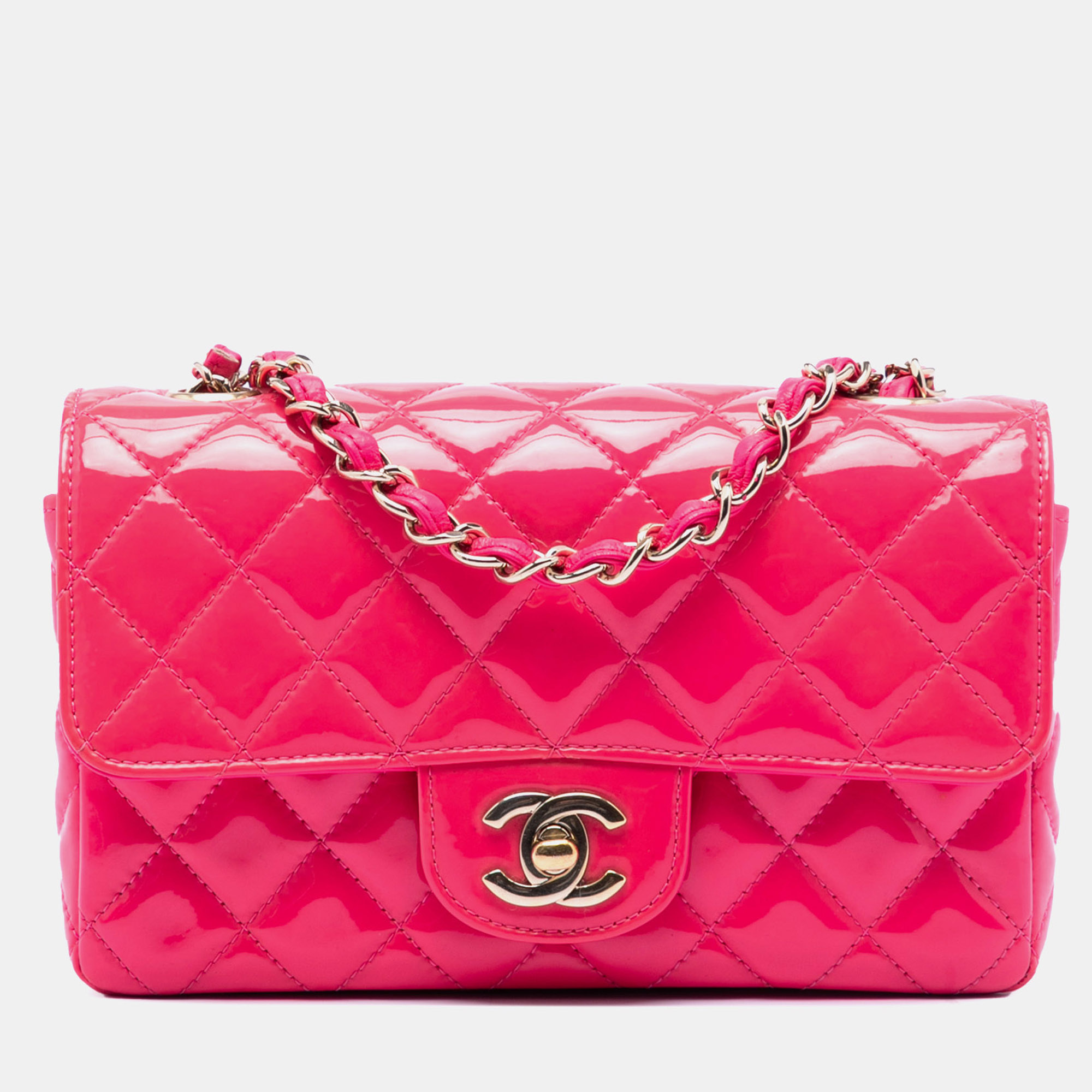 

Chanel Pink Mini Rectangular Classic Patent Single Flap