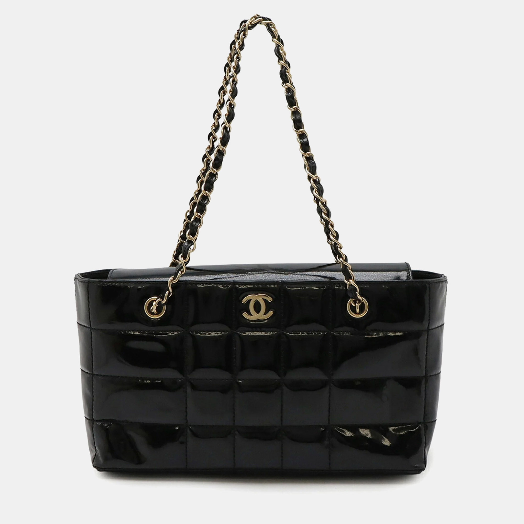 

Chanel Chocolate Bar Coco Mark Chain Shoulder Bag In Enamel And Patent Leather Black