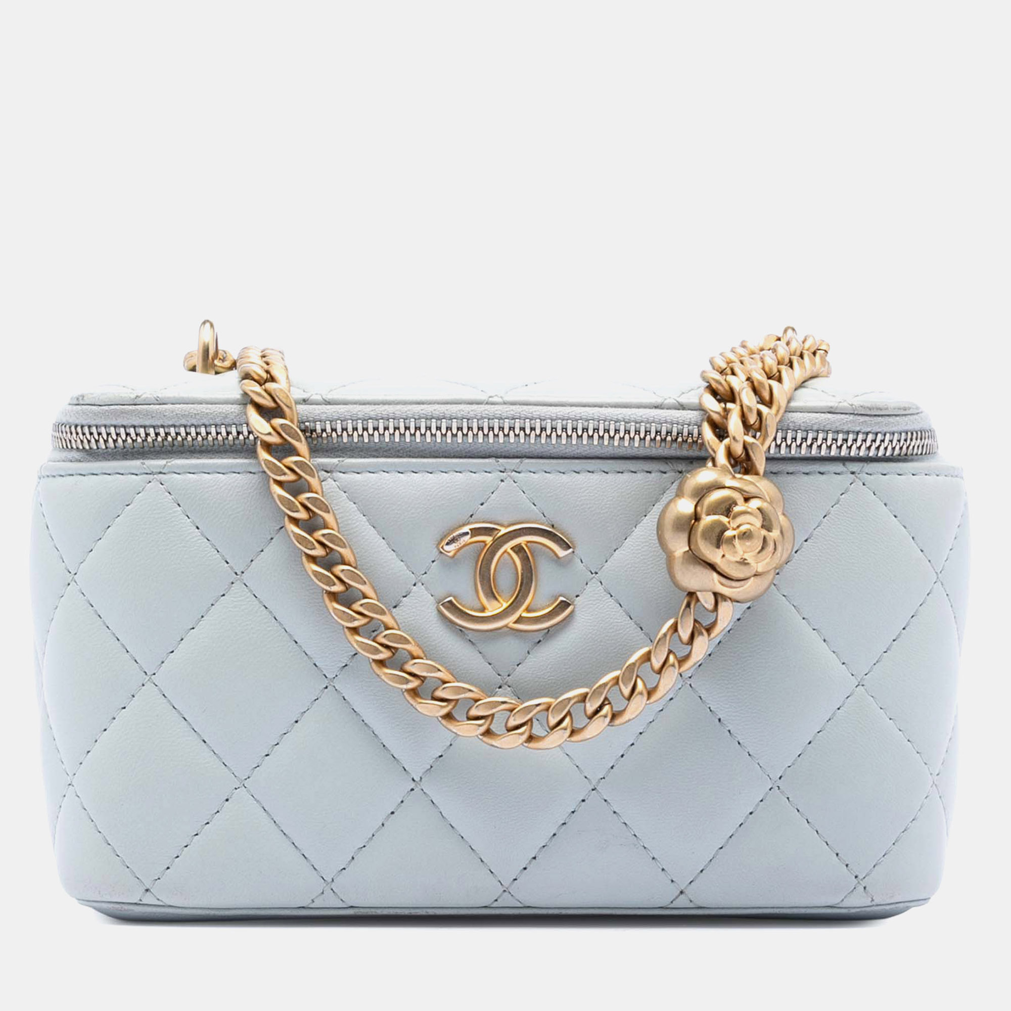 

Chanel Blue Small Quilted Lambskin Sweet Camellia Vanity Case with Chain