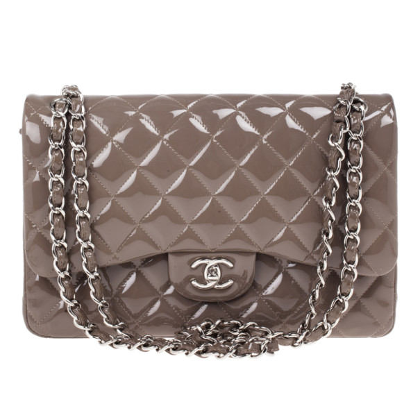 Pre Owned Chanel Beige Patent Classic Jumbo Flap Bag