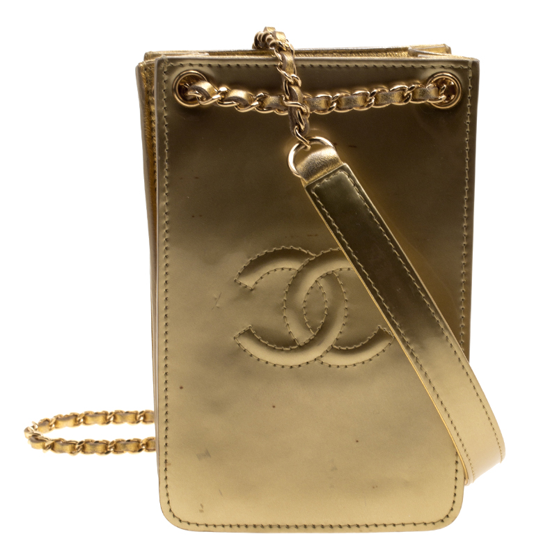 Chanel Gold Patent Leather CC Phone Holder Crossbody Bag Chanel