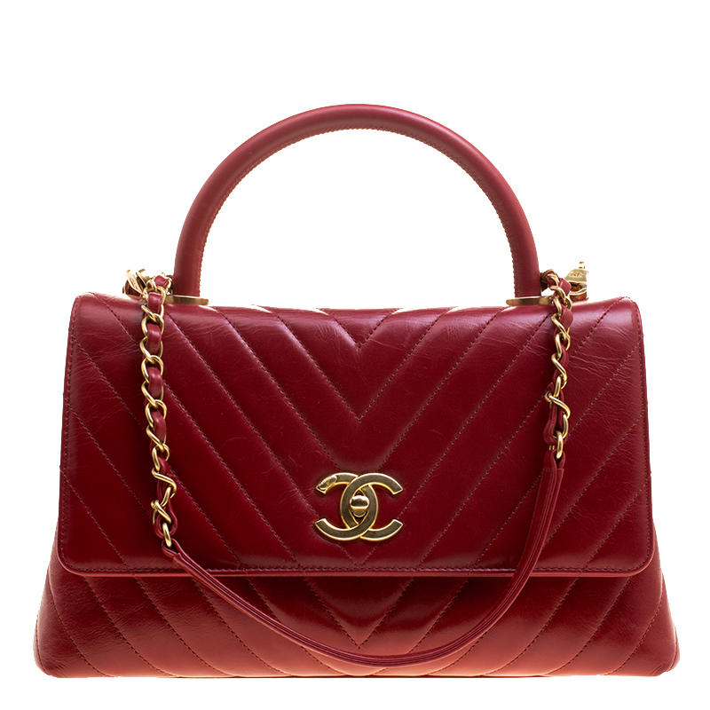 Chanel Red Chevron Quilted Leather Small Coco Top Handle Bag Chanel ...