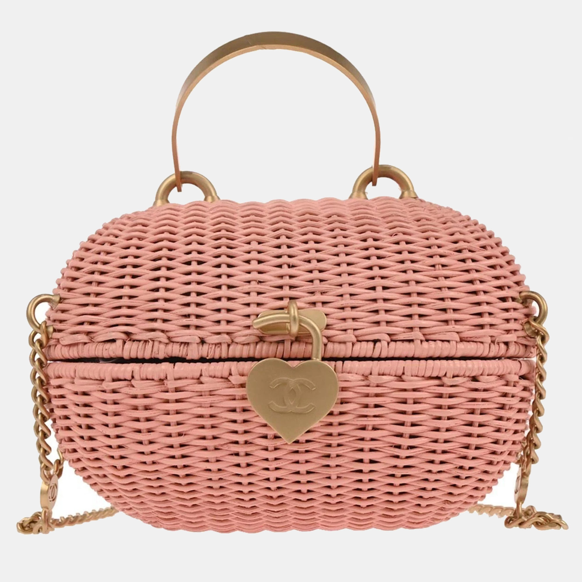 Chanel Pink Rattan Heart Lock Basket Bag 2way Handbag
