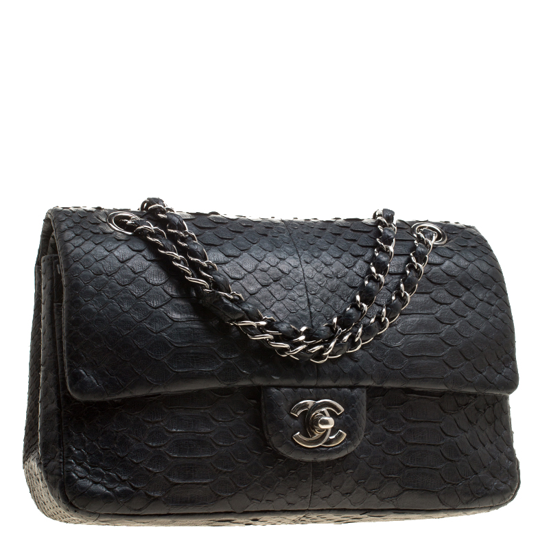 Chanel Classic Black Python Medium Double Flap Bag