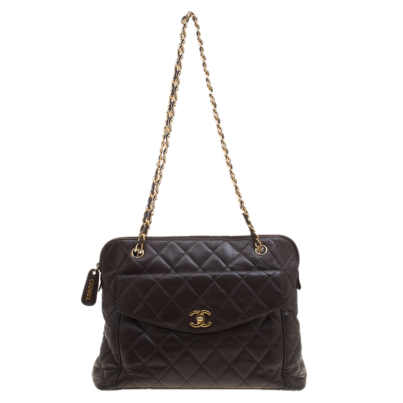 Pre Owned Chanel Brown Quilted Leather Vintage Front Pocket Shoulder Bag