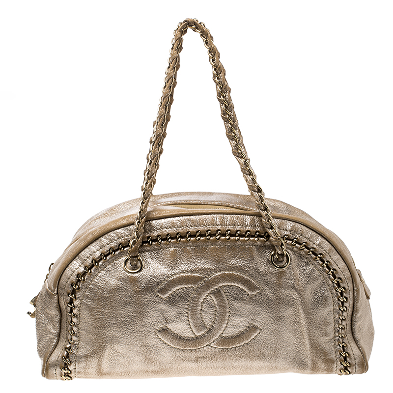 Pre Owned Chanel Metallic Gold Leather Medium Chain Trim Luxe Ligne Bowler Boston Bag